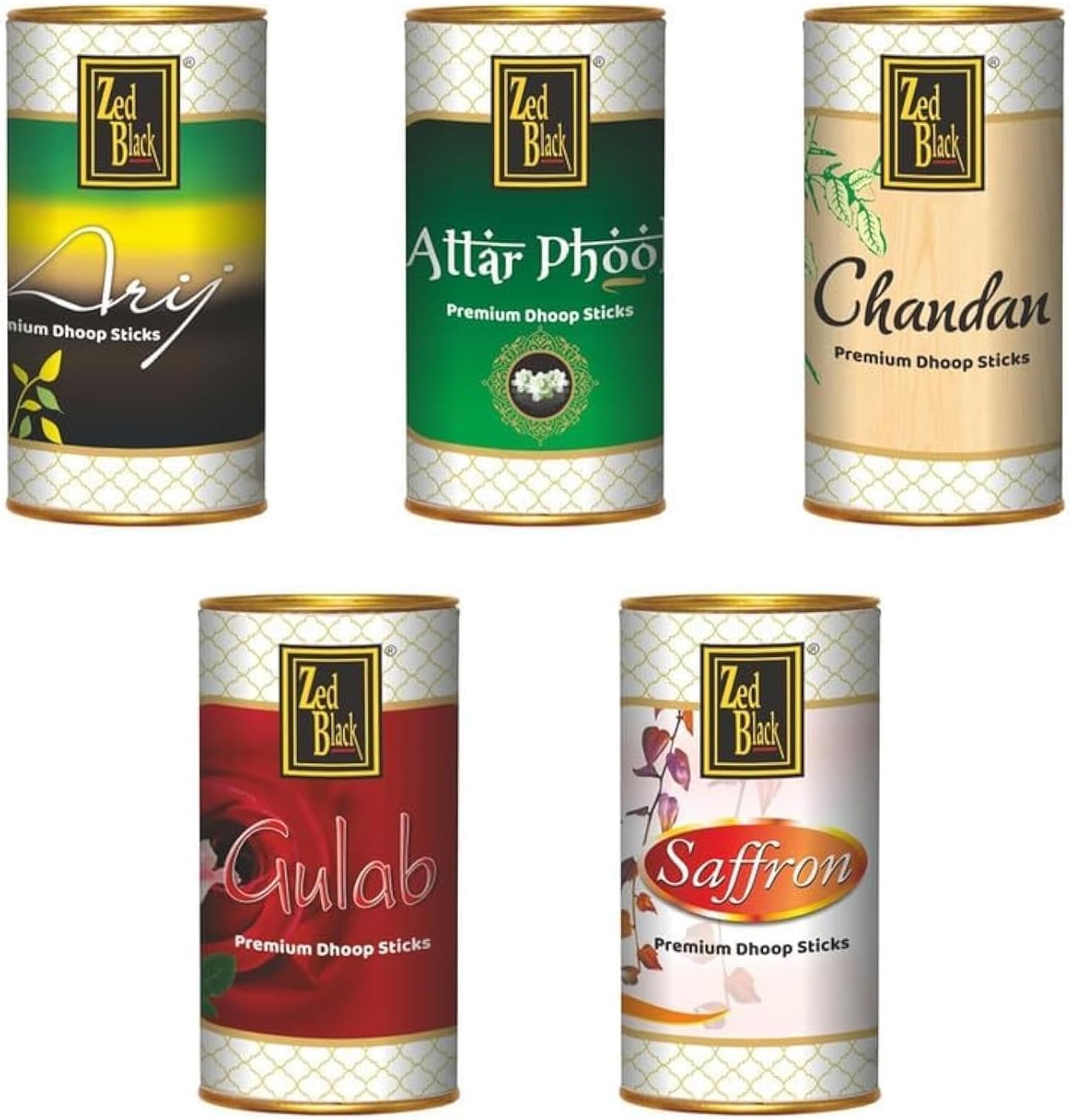 Zed Black Natural Deep-Chandan, Deep-Gulab, Arij, Attar Phool and Saffron Incense Dhoop Sticks Tin - Combo of 5(45 Pieces Each)