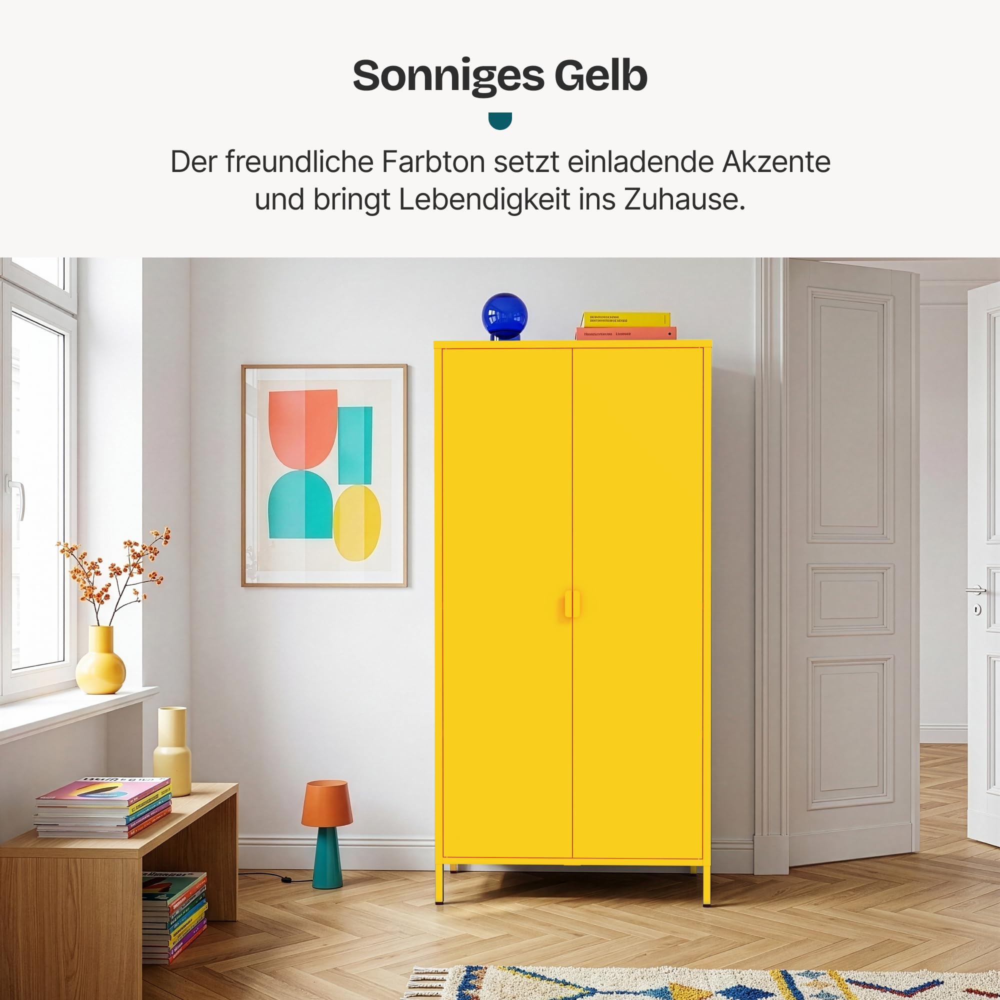 [en.casa] Kleiderschrank Esteli Garderobenschrank mit 2 Türen 170 x 80 x 45 cm Schlafzimmerschrank 2 Kleiderstangen 4 höhenverstellbare Einlegeböden Stahl Gelb