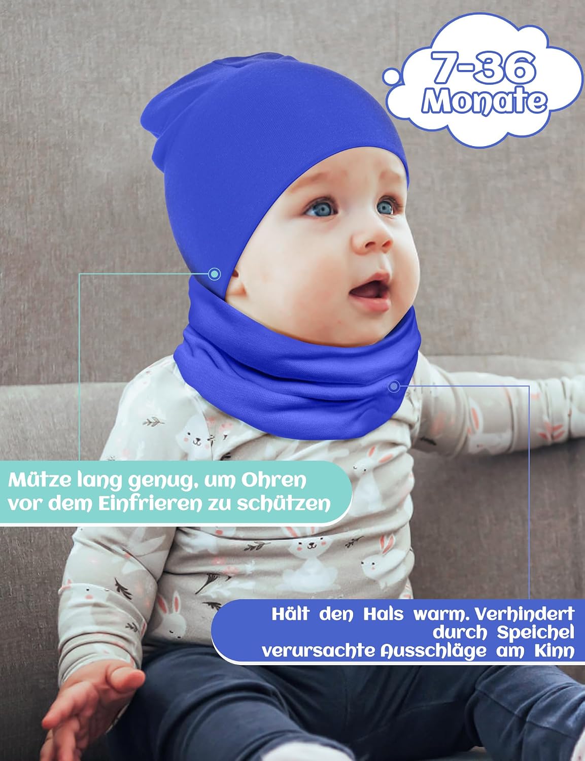 Kiiwah Children's Beanie Hat and Loop Scarf Set, Soft Cotton Warm Knitted Hats and Scarves for Baby Autumn Winter Spring Unit size blue
