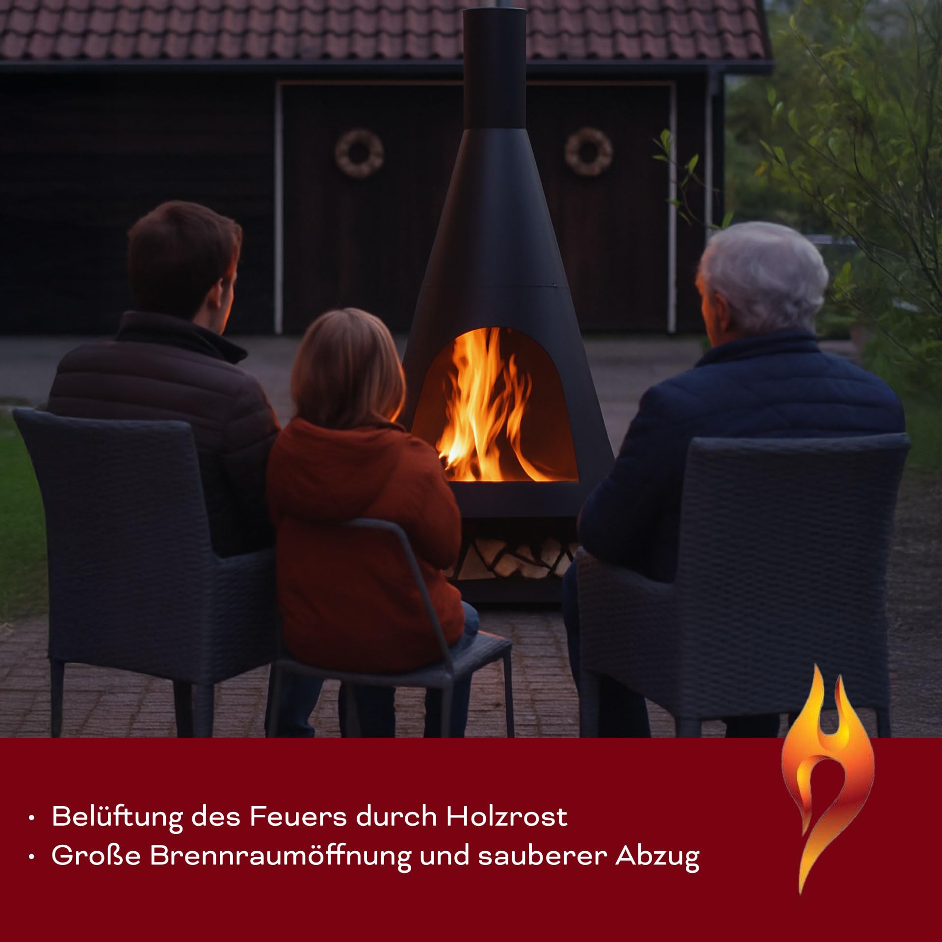 REDFIRE® Moderner Kamin für den Außenbereich 60 cm - Kingston XL mit Holzrost - Feuerschalen für den Garten - Sockel als Holzlager, Optimale Belüftung