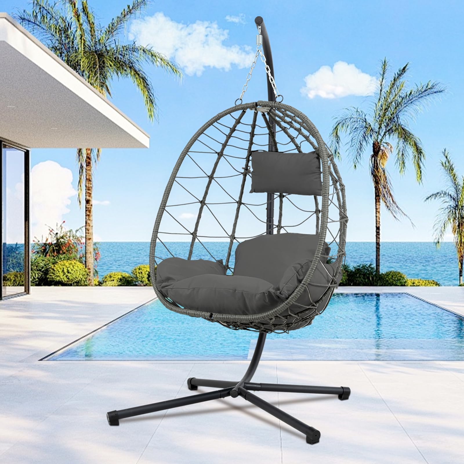 Egg Chair Indoor Outdoor, Foldable Hanging Egg Chair with Stand, Patio Swing Egg Chairs, UV Resistant Removable &Washable Thicken Padded Cushions, 350LBS Capacity for Bedroom, Balcony, Dark Gray