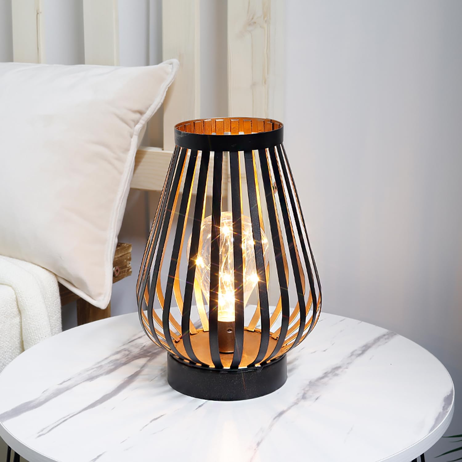 Linterna LED de jaula de metal de 8.7 pulgadas de alto, funciona con pilas, luz de acento inalámbrica con bombilla LED estilo Edison, ideal para bodas, fiestas, patio, eventos, interiores y 5