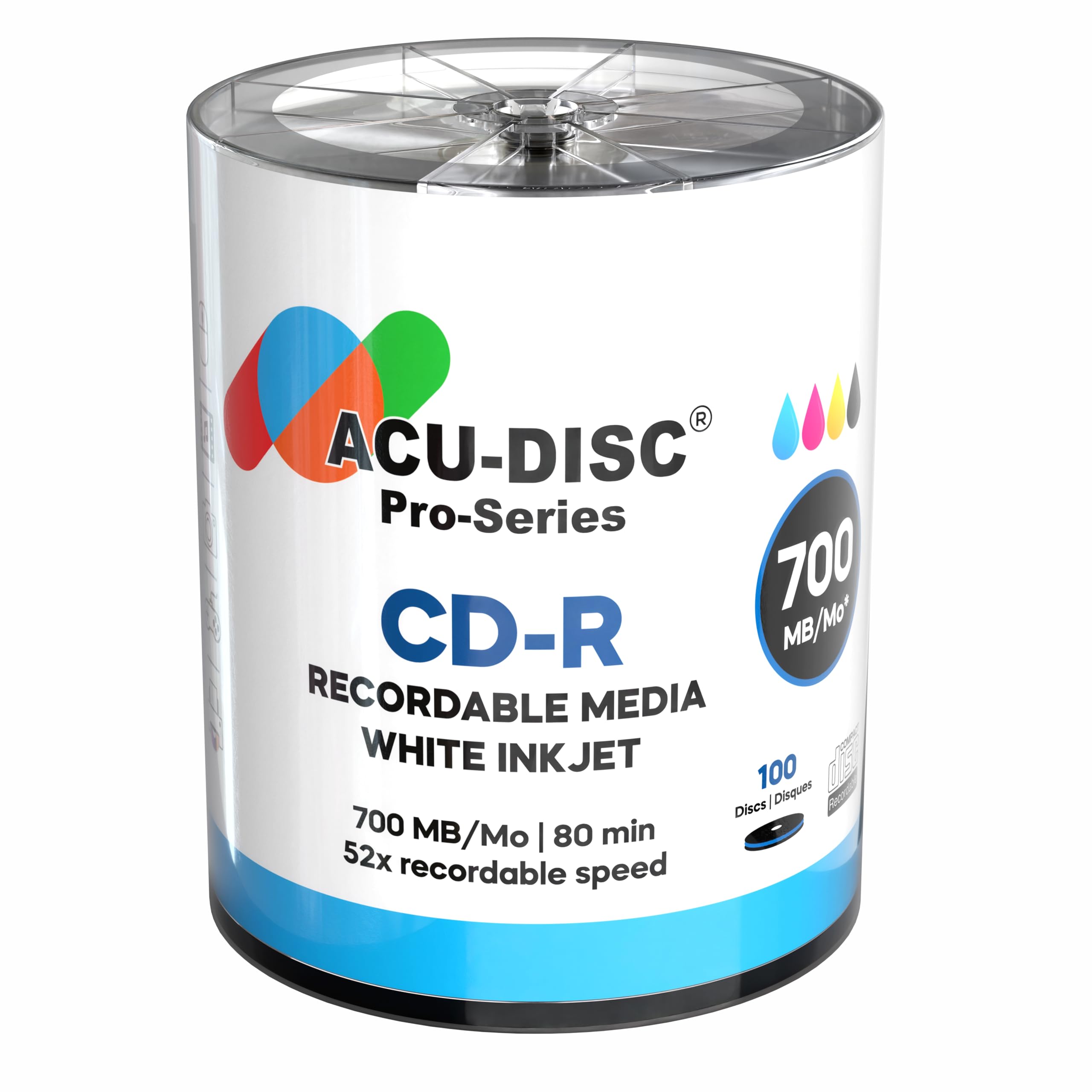 Pro-Series Lot de 100 CD-R 52x Vitesse 700 Mo 80 minutes Blanc brillant imprimables à jet d'encre