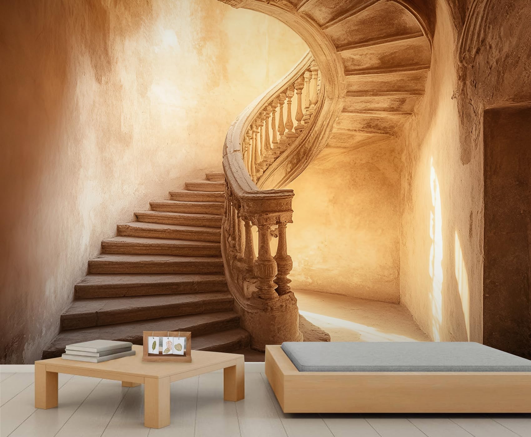 Spiral Staircase Mural Vintage Stone Stairs Wallpaper Elegant Carved Balustrade Accent Wallpaper Kids for Bedroom Living Room Mural Poster Decor 400X280cm