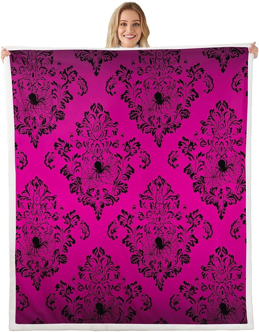 Castle Fairy Pink Vintage Damask Antique Floral Throw Blanket for Kids,Horror Gothic Animal Fleece Throw Blanket for Bedroom Sofa Dorm Decor,Spider Web Lightweight Bed Blankets,40 x 50 Inches