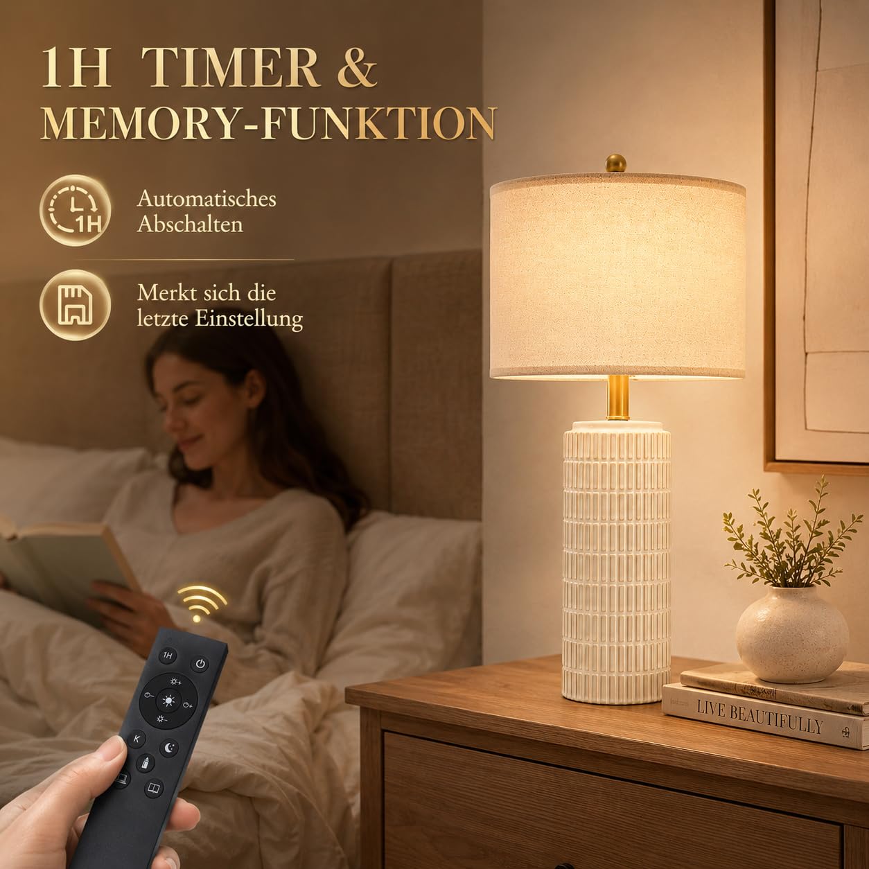 2er Set Tischlampen mit Keramikfuß Leinenschirm, H57cm LED Nachttischlampe mit Timer Speicher Dimmbar 3 Farbtemperaturen, Tischleuchte für Schlafzimmer Wohnzimmer Büro Lese(Inkl. E27-Birnen)