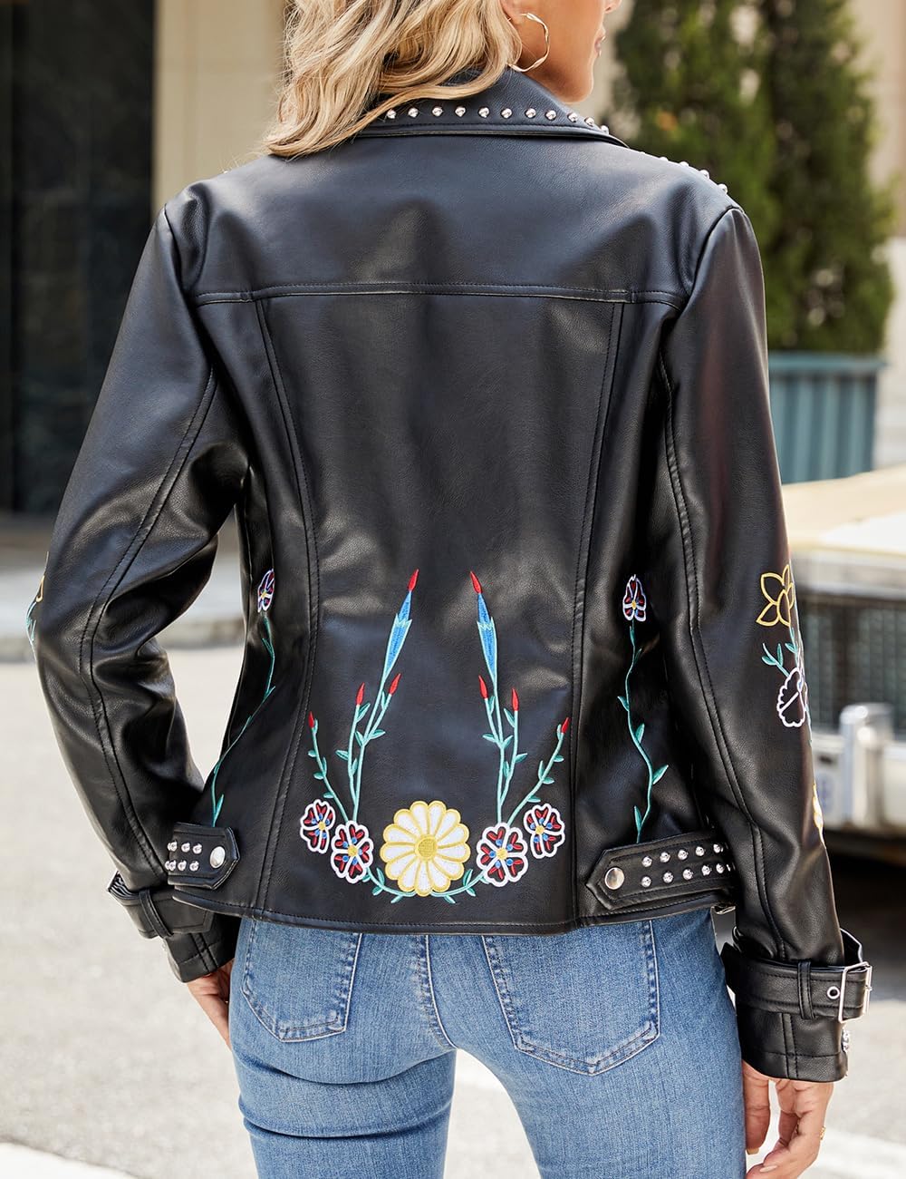 Bellivera Faux Leather Jacket for Women Studded Rivet Floral Moto Biker Short Lapel Coat - Image 5