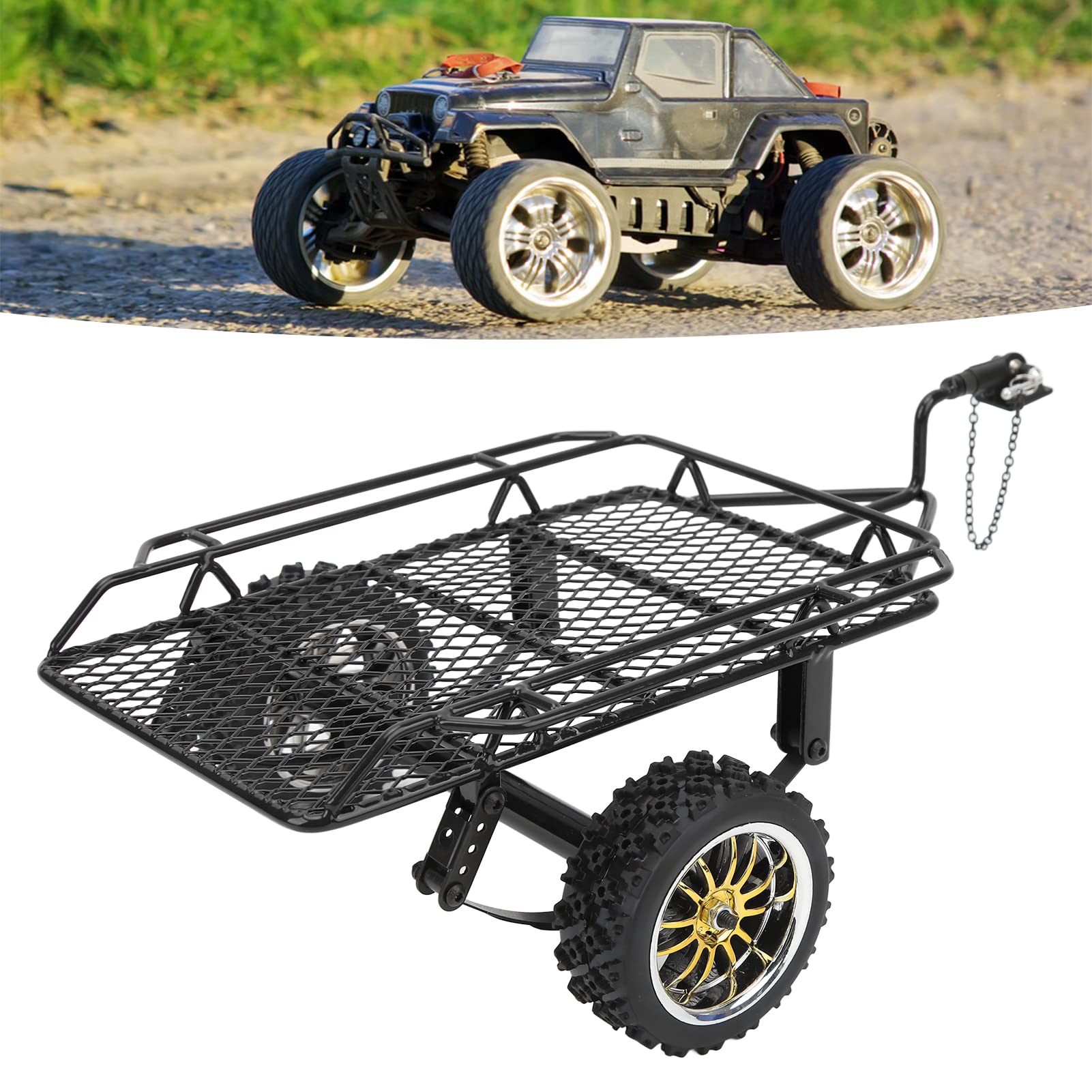 Mała przyczepka RC Metalowa przyczepa łyżkowa RC z konstrukcją z żelaznej gumy Trwała Łatwa instalacja w samochodach zdalnie sterowanych Axial SCX10 Traxxas TRX4 D90 GEN8 (Czarny)