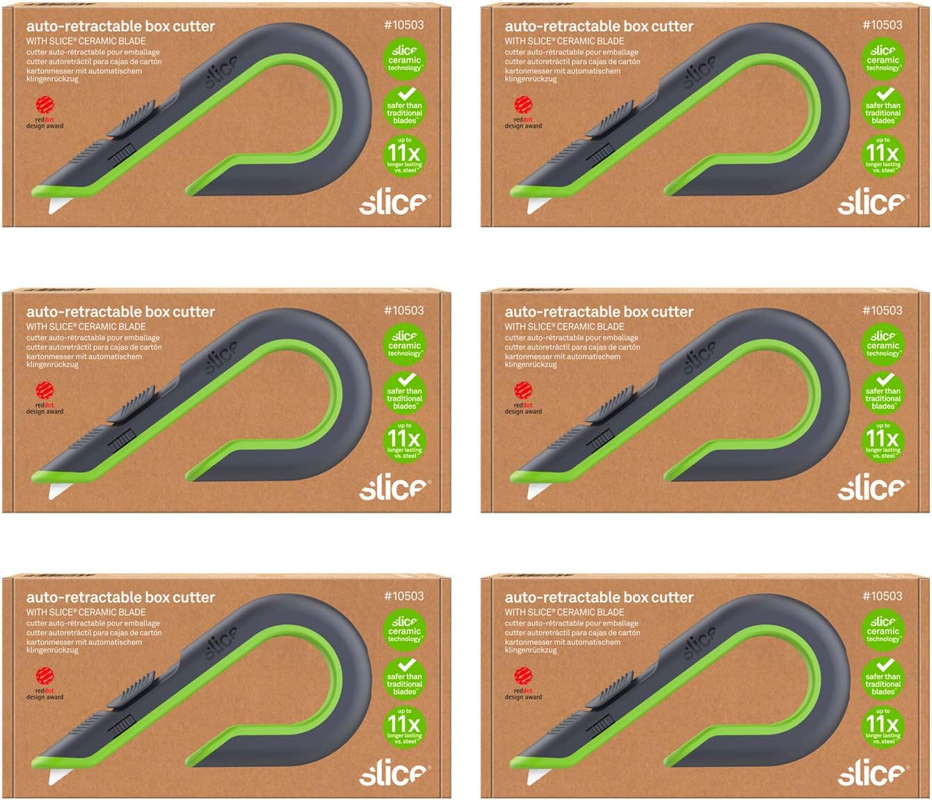 Auto-Retractable Box Cutter, Heavy Duty Utility Knife, Safe Ceramic Blade Lasting 11x Longer than Metal, 6 Pack
