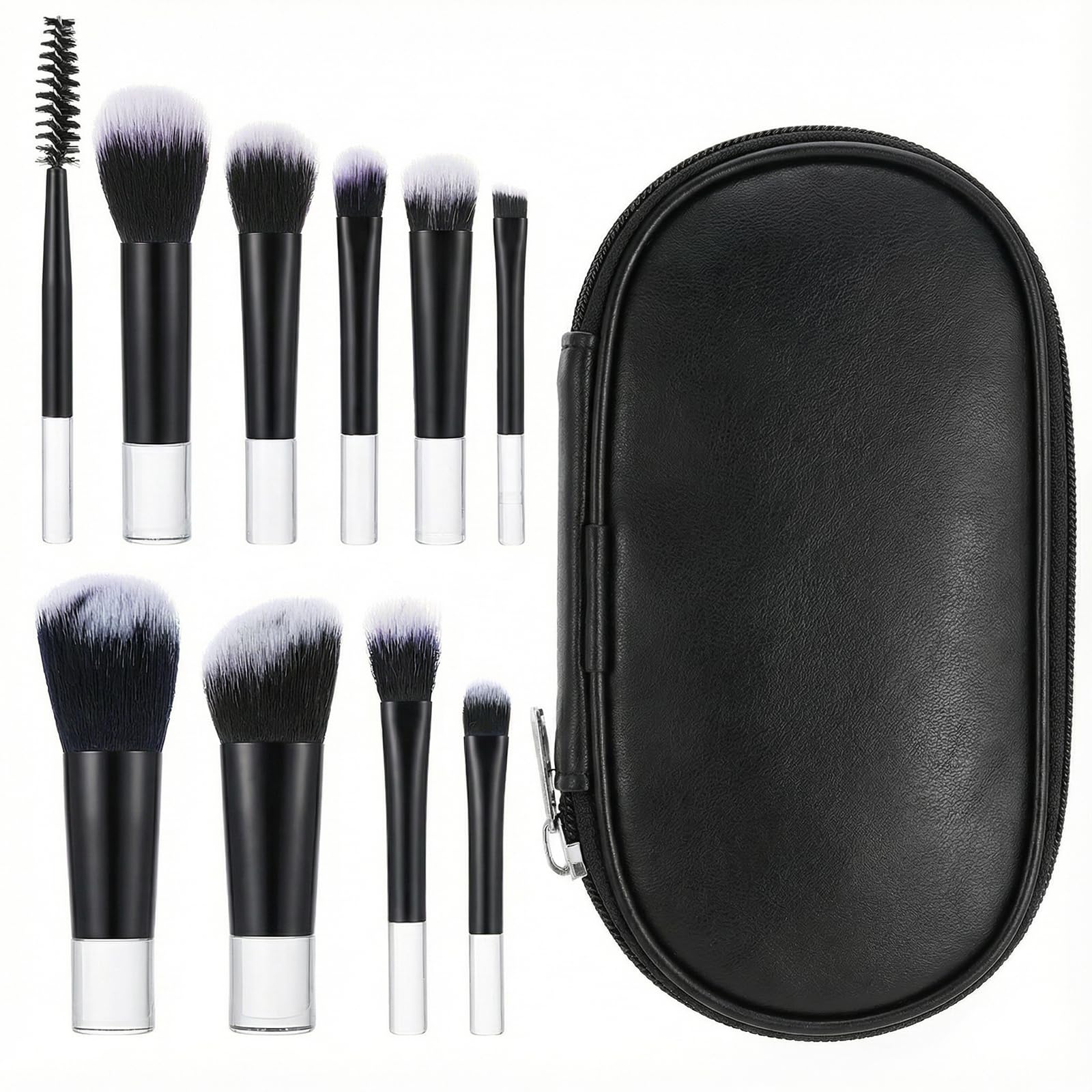 Photo 1 of 10 Pcs Mini Travel Makeup Brushes Set with Pouch, Short Handle Makeup Brushes for Women Girls Portable Full Complete Function Cosmetic Kit Brush Blush Powder Eye Shadow Black