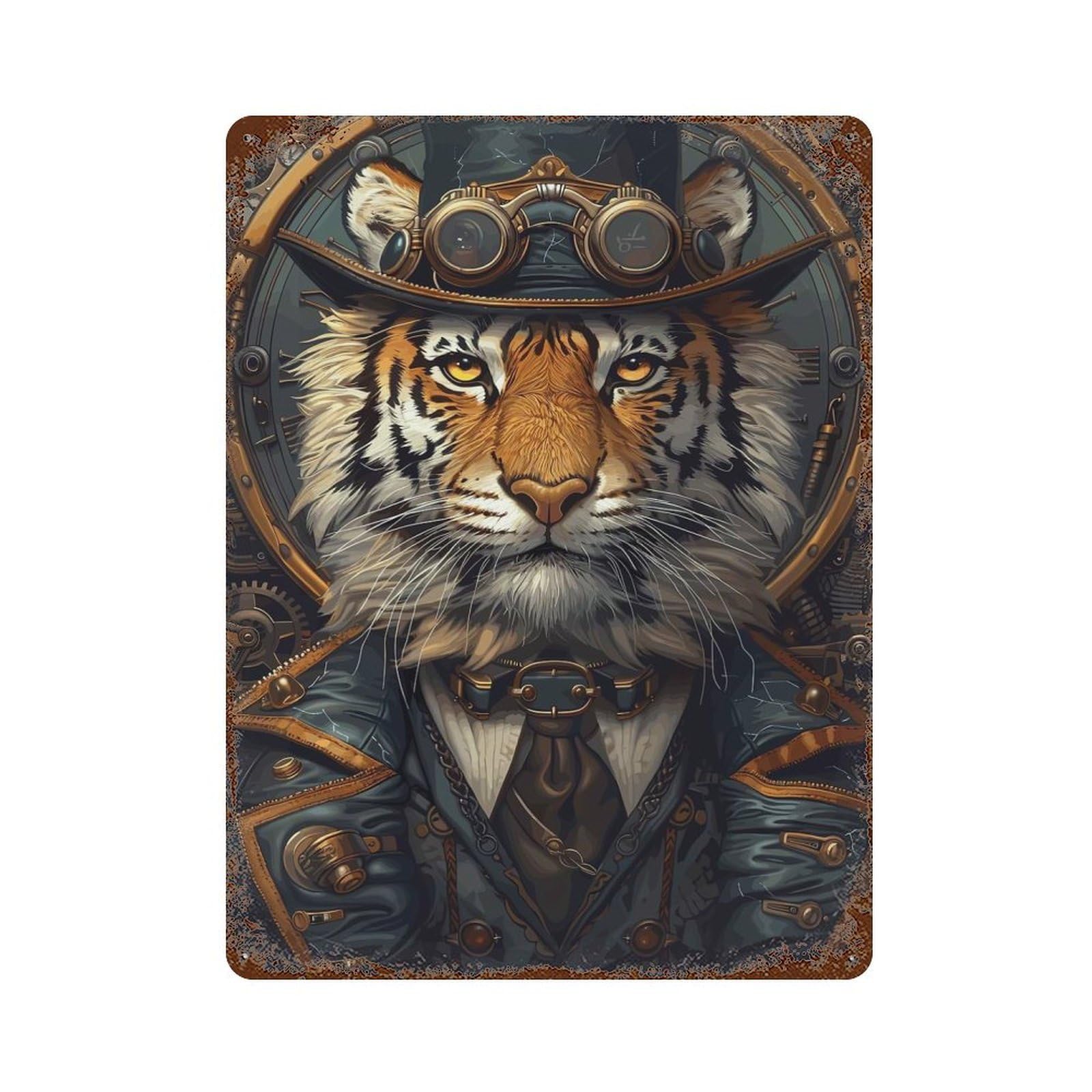 Rust Effect Steampunk Animal Tiger Rusty Metal Tin Sign 15.7"x11.8", Farmhouse Wall Decor for Shed, Workshop And Garage Wall Decor