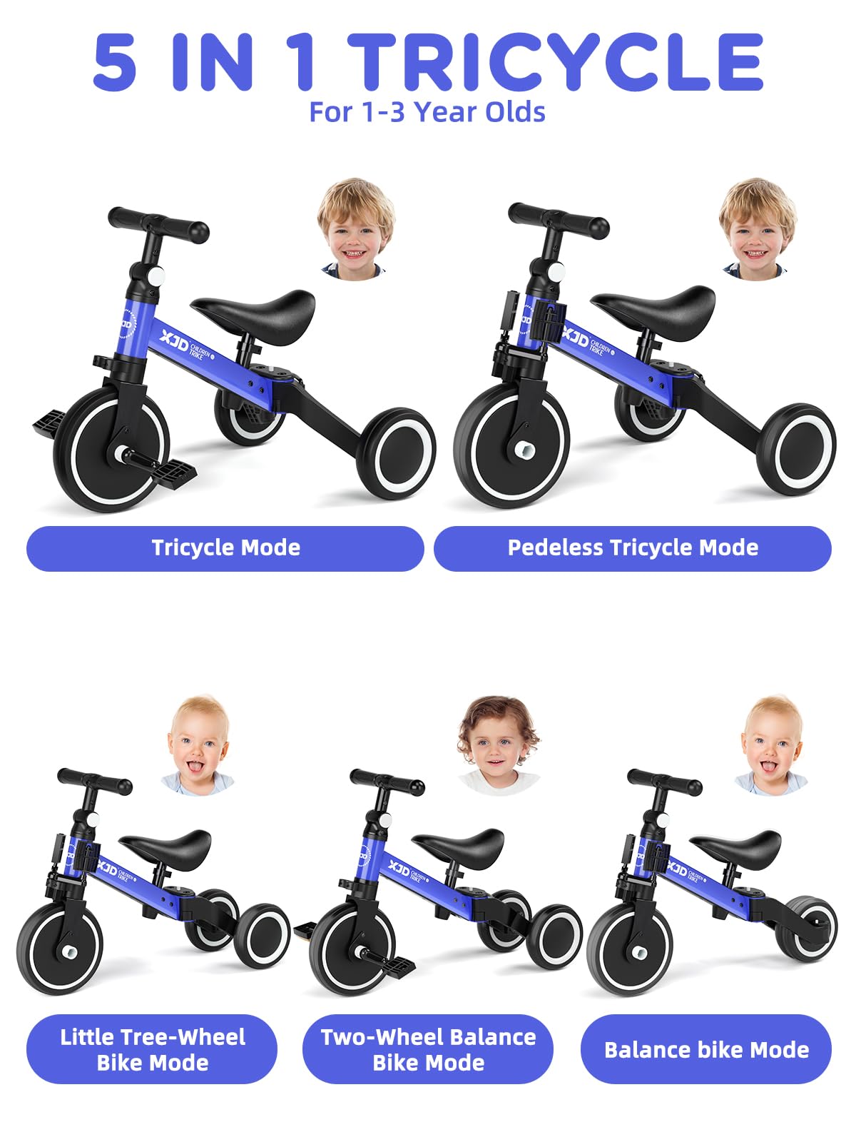 XJD 3 in 1 Laufrad Dreirad, Kinder Dreirad ab 1 Jahr, Laufräder Lauffahrrad mit verstellbarem Sitz und Lenker, Lauflernhilfe mit abnehmbares Pedal, Baby Fahrrad von 1-3 Jahren Jungen Mädchen (Blau)