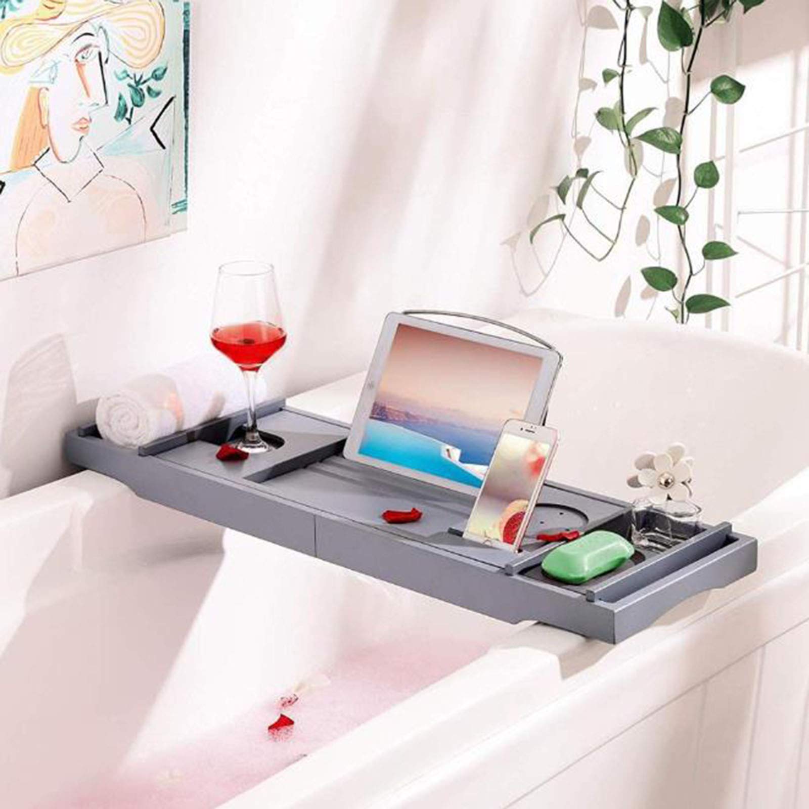 Bandeja Ajustable de bambú para bañera Incluye bandejas de SPA Desmontables y Soporte para jabón Accesorios para bañera de bambú Bandeja de Servicio de bañera intrincada y Natural