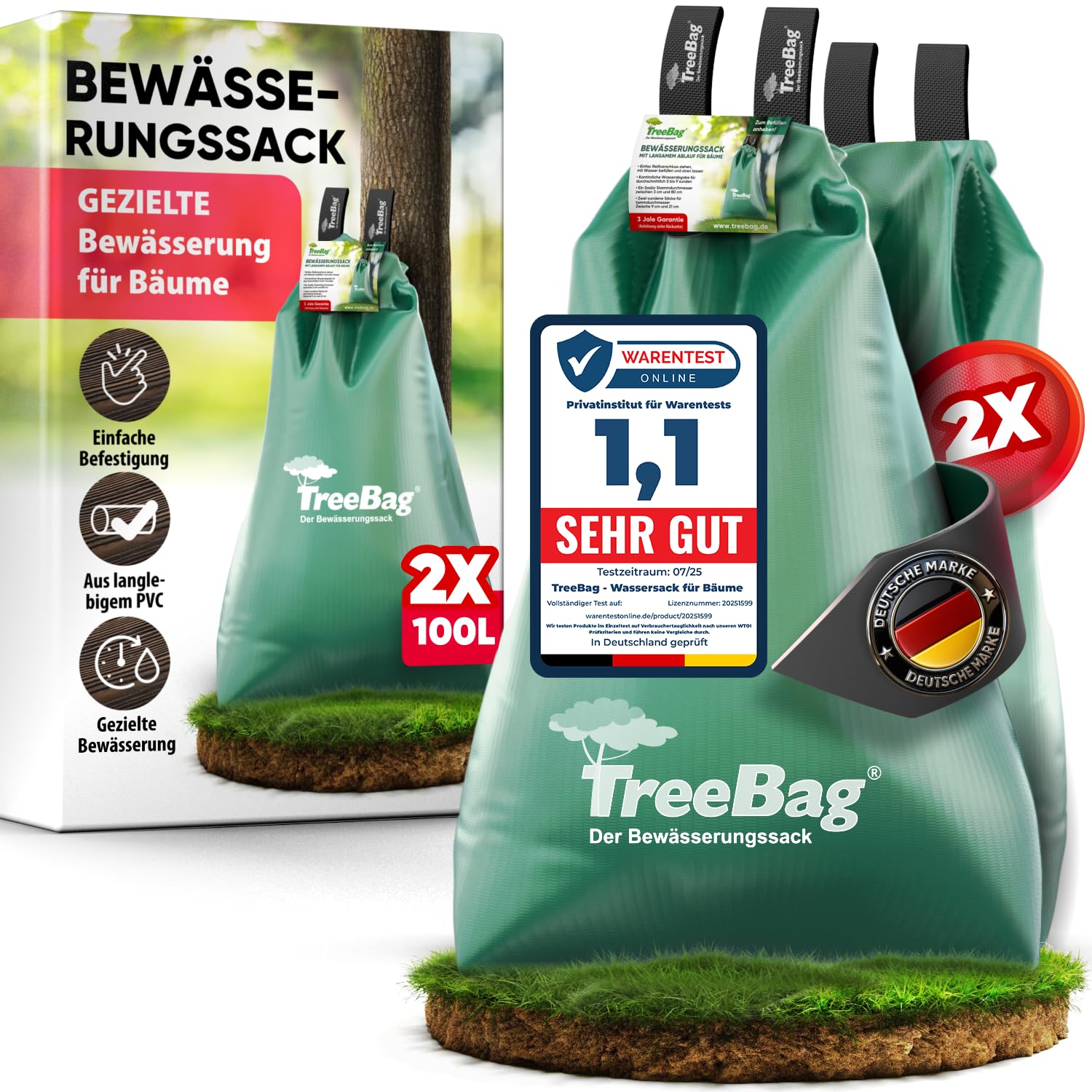 treebag PVC Bewässerungssack, Bewässerungsbeutel/Wassersack/Bewässerungssystem für Bäume, uv-stabile und verstärkte Glatte Polyvinylchloridfolie, 92x86 cm, ca. 75l, Farbe: Grün