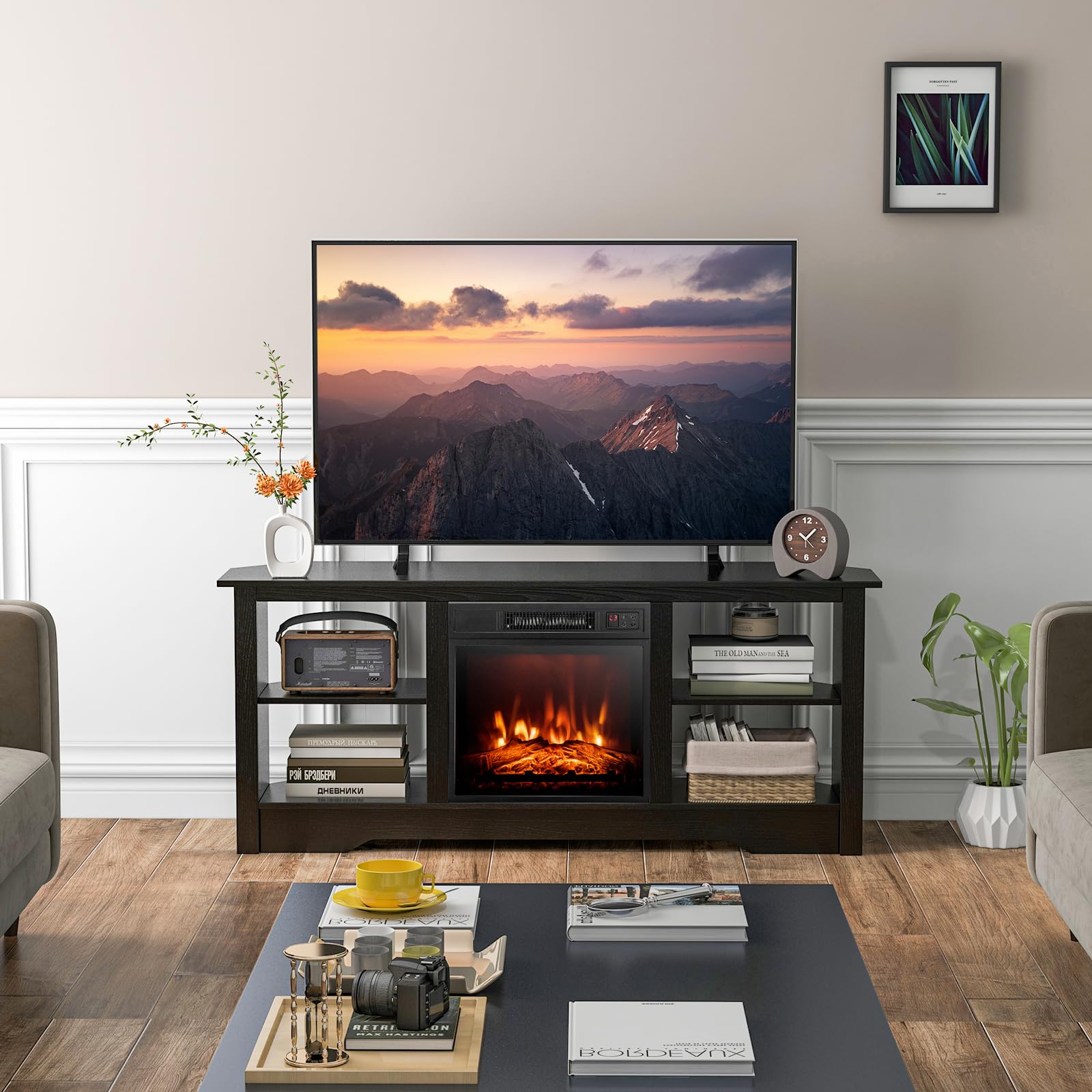 Tangkula 58” Fireplace TV Stand, Home Entertainment Center with 18” 1400W Electric Fireplace, with Remote & Adjustable Brightness, Corner Media Console Table for up to 65” TVs (Black)