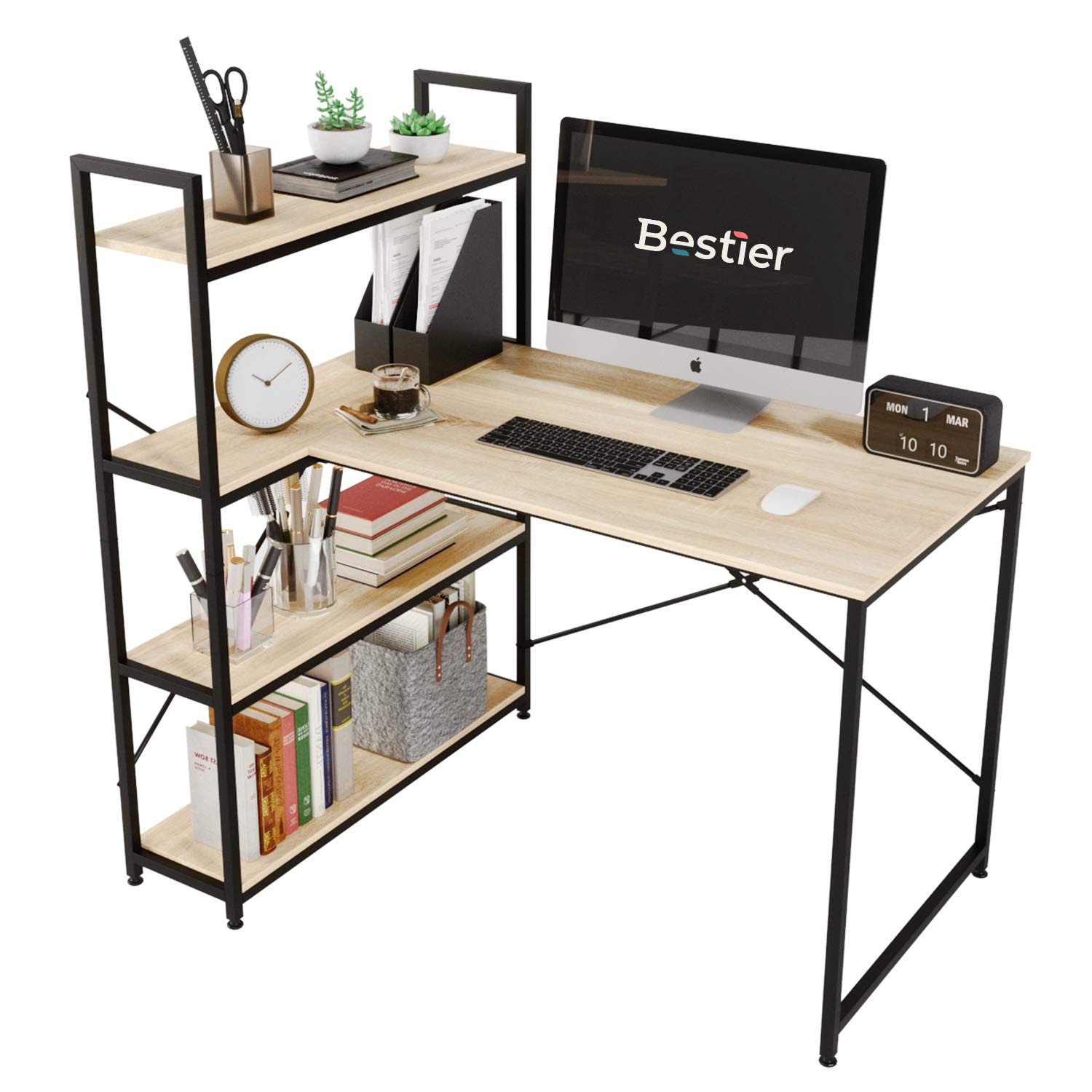 Buy Bestier Small L Shaped Desk with Shelves 46 Inch Computer Bookshelf