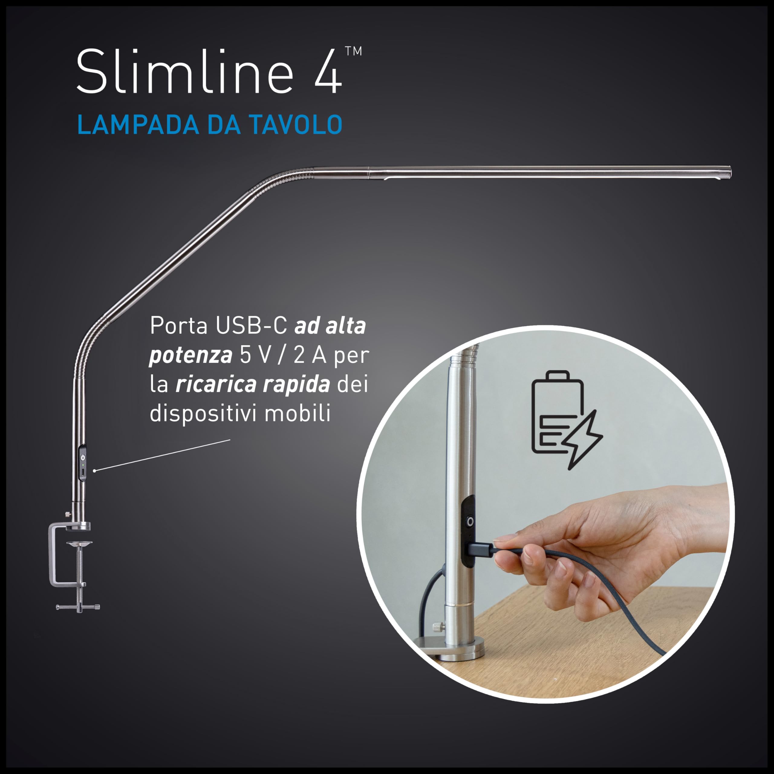 Lampada da tavolo Slimline 4™ LED in acciaio spazzolato – luce 6.000 K, 3.200 lux, 4 livelli, porta USB-C, diffusore antiabbagliamento, design flessibile, per arte, cucito, saloni unghie