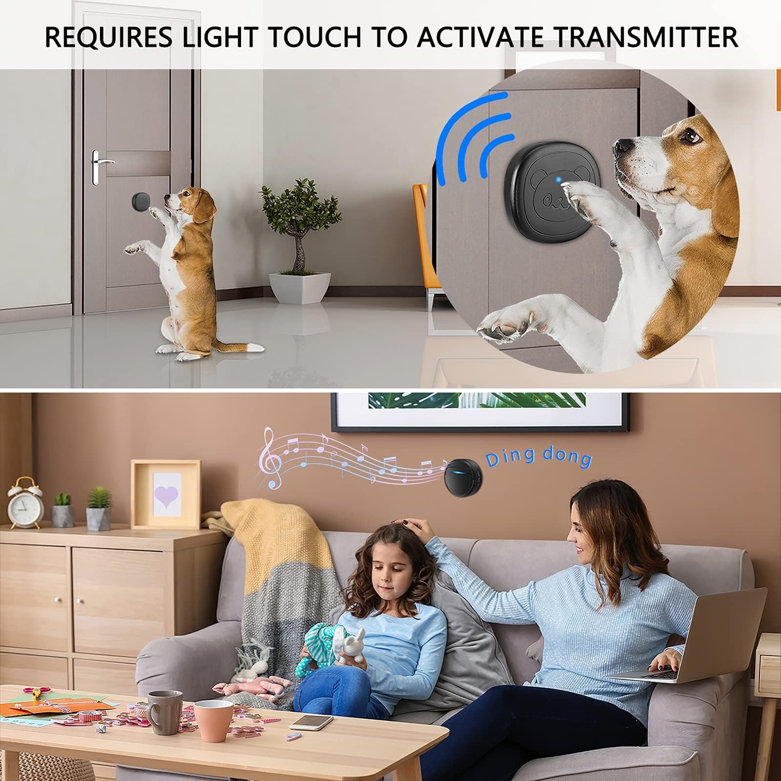Wireless Dog Doorbell, Ring Bell to Go Outside, IP55 Waterproof Buttons, 55 Melodies, 4 Volume Levels and 950ft Range (Black, 2 Transmitters, 1 Reciever)
