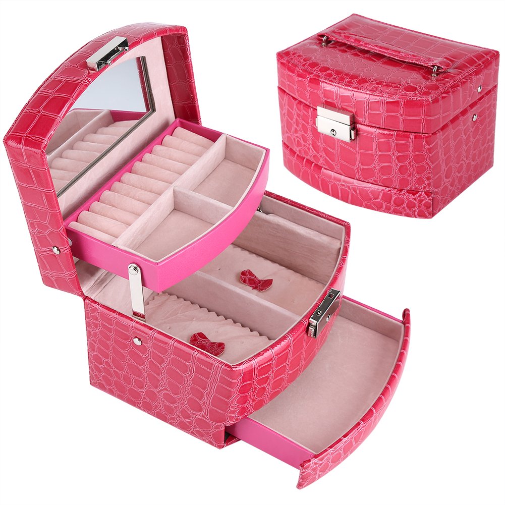 Yosoo 3 strati Jewelry Box con specchio e manico per collane, anelli, collana, ciondoli, spille Storage Rose Red