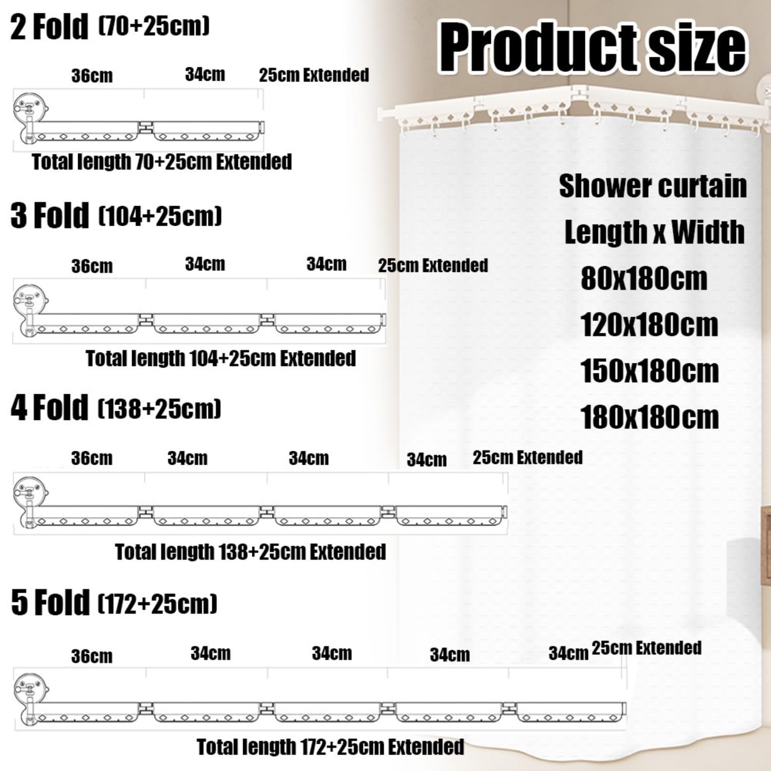 Faltbarer Duschvorhangstange mit Saugnapf, Ohne Bohren L/U Form Eckvorhangstangen Zur, Wasserdicht Schimmelresistent Duschvorhang für Badewanne(172+25cm)
