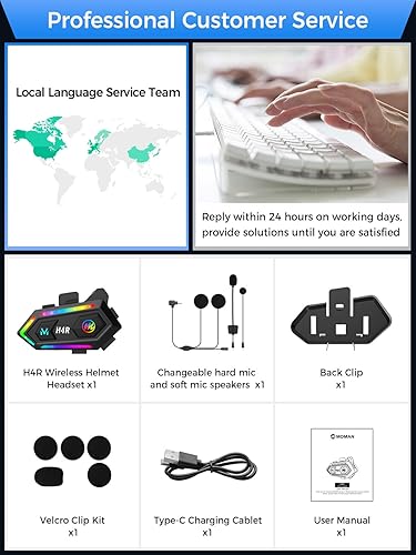 Miniatura 8 de Moman Auriculares para casco de motocicleta, H4R con luz RGB, altavoz para casco de motocicleta, auriculares inalámbricos 5.3 de un solo uso con voz