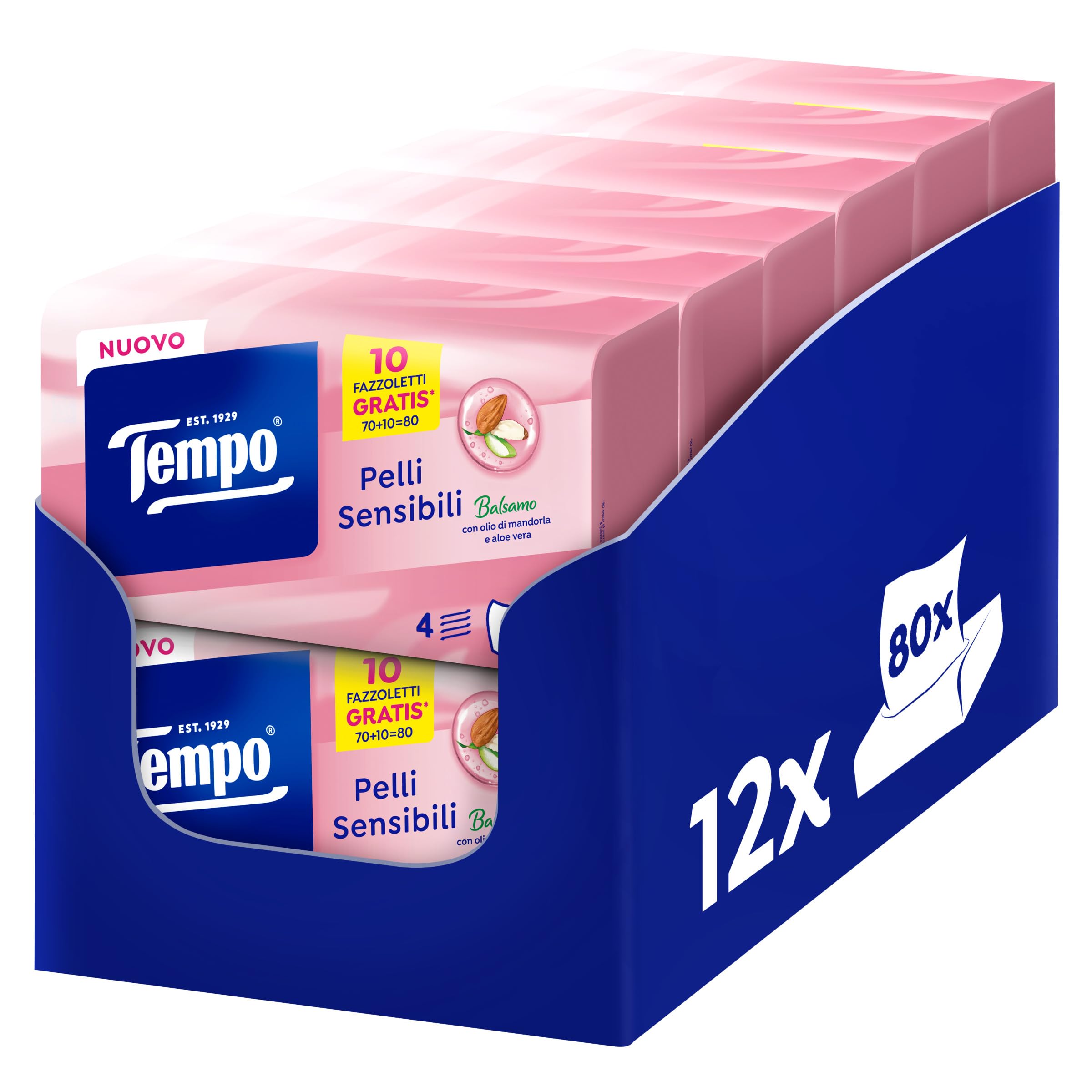 Tempo Fazzoletti Box Pelli Sensibili - 4 Veli - 12 Confezioni da 80 Fazzoletti, 960 Fazzoletti, con olio di mandorla e aloe vera