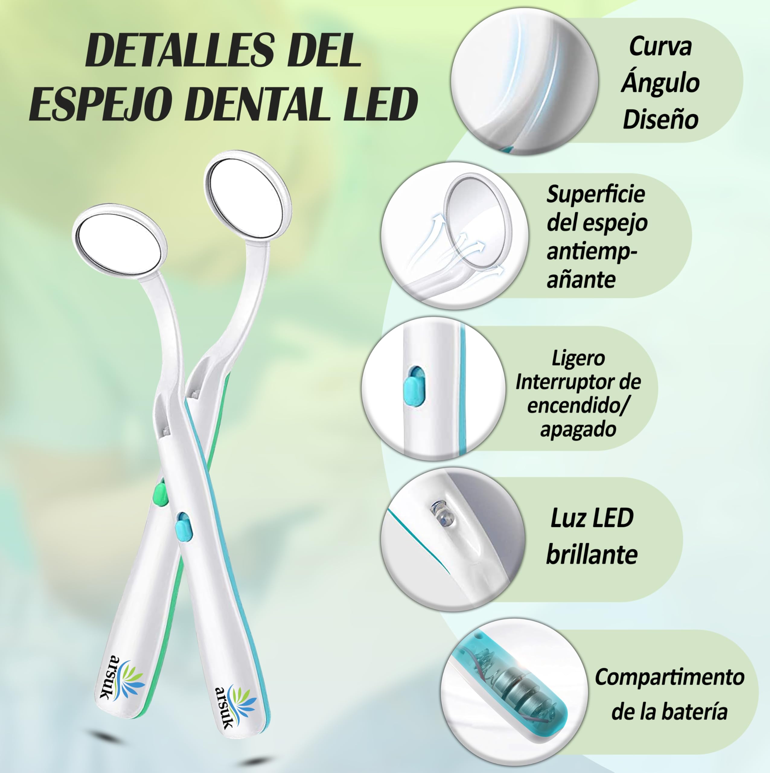 ARSUK Espejo dental LED antivaho 15 cm para inspección bucal, paquete de 2