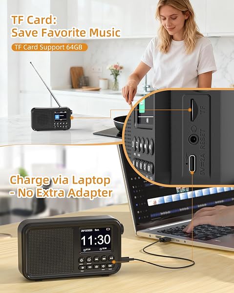 Mesqool Mains and Battery Powered DAB/DAB+ Radio with Bluetooth, 3000mAh Portable Digital Radio with Dual Alarm, 2.4" Colour Display, TF Card Play, Sleep Timer for Kitchen and Bedroom - 5
