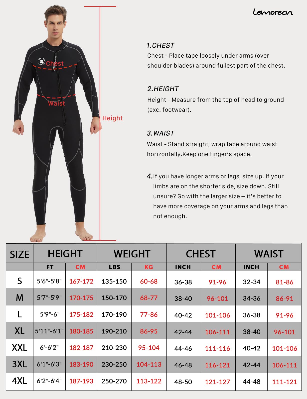 Lemorecn Muta da uomo da 3 mm, con cerniera frontale, costume da bagno termico in neoprene per immersioni, surf, snorkeling e sport acquatici