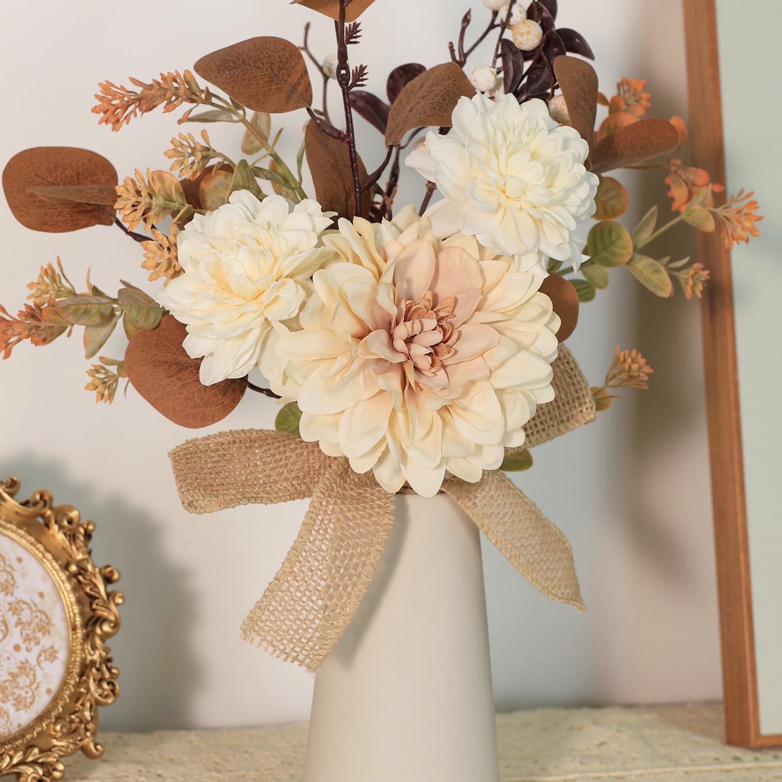 Pequeñas flores artificiales en jarrón de cerámica de 15 pulgadas, centros de mesa de café, arreglos florales de seda, ramo falso de interior para comedor, cocina, boda, decoración del 2