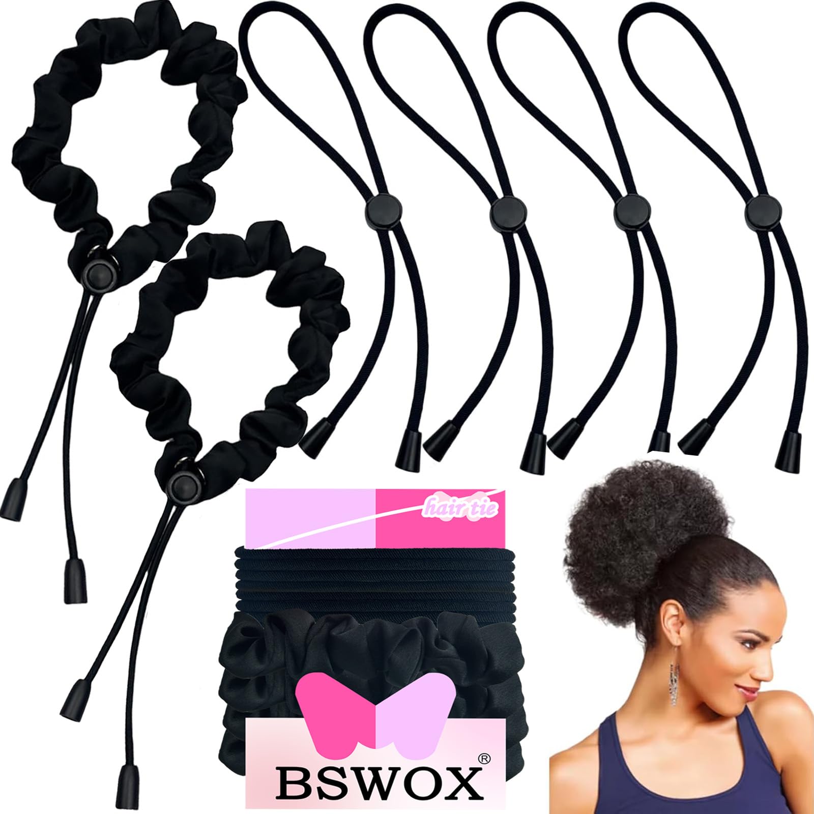 6 Pcs Black Adjust Afro Puff Hair Tie, Adjustable Hair Ties, Thick Black Hair Band, Silk Soft Ponytail Holders, Perfect for Medium Hair to Thick Thin