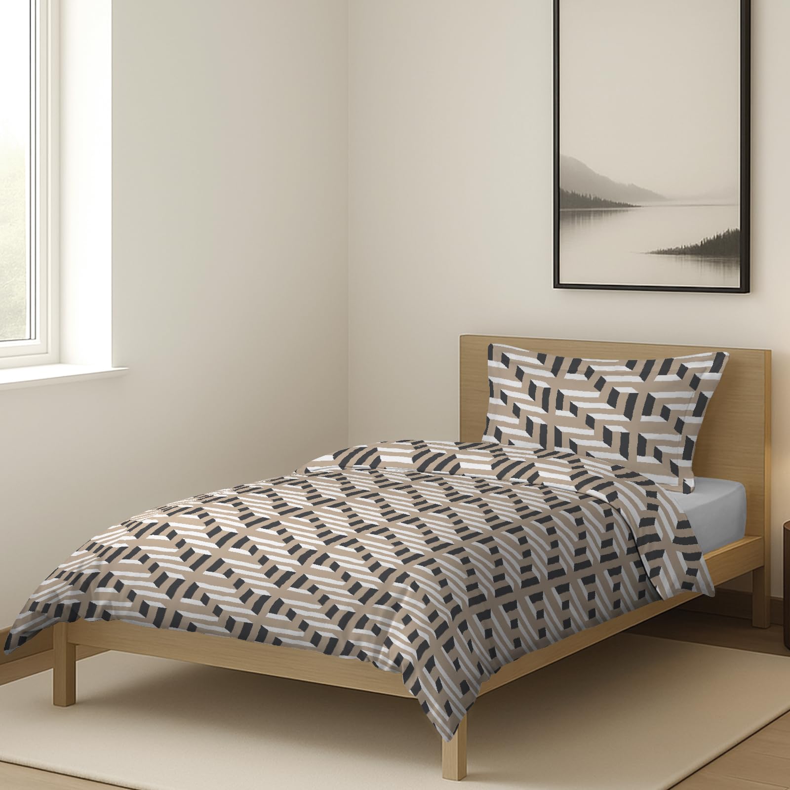 Pizuna Single Duvet Cover Set Cotton 140x200cm Brown (2PC) 400 Thread Count 100% Long Staple Cotton, Sateen Weave Single Quilt Cover with Button Closure (Mosaic Printed 1Duvet Cover & 1 Pillowcase) โ image 1