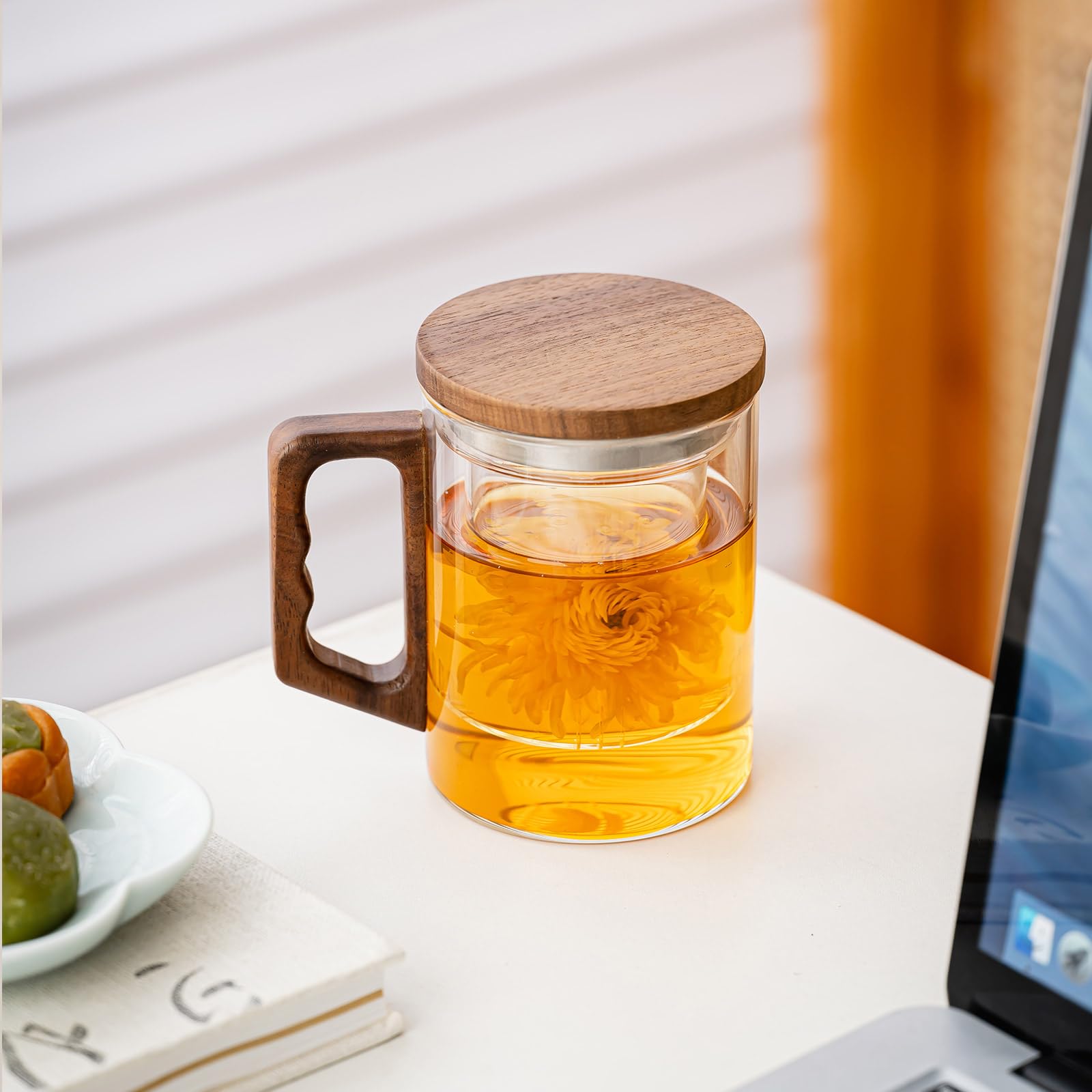 Taza de té de vidrio con infusor y tapa, 400 ml, tazas de té de vidrio de borosilicato para té de hojas sueltas, taza de té con mango de madera, regalo ideal