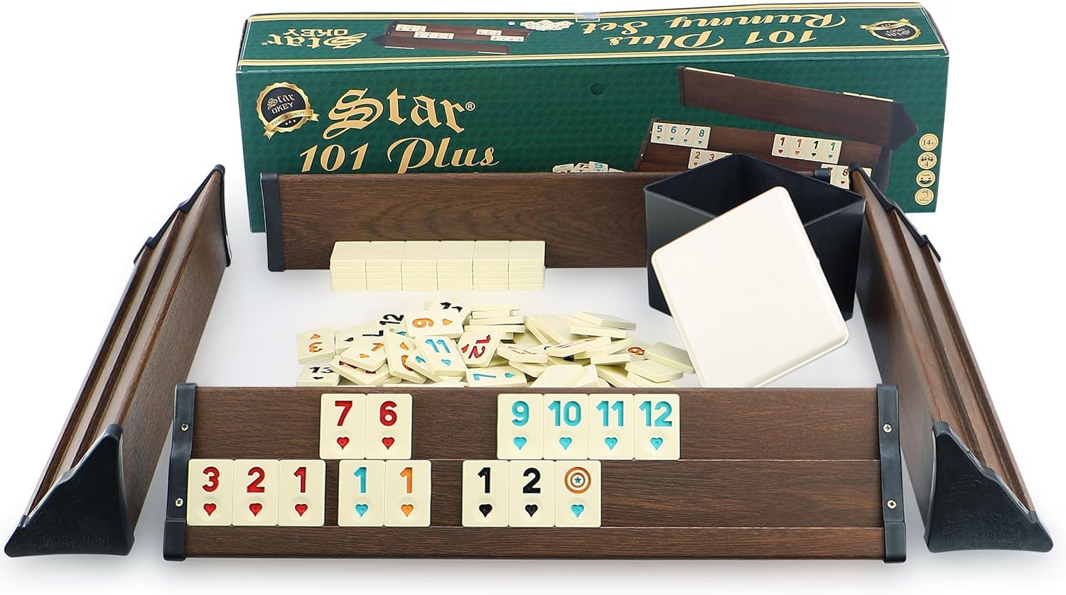 Semus Star 101 Plus Rummy Set Okey Lavorazione e materiali di alta qualità (panche da gioco in plastica con impiallacciatura in legno leggera e stabile & melammina) con penna a sfera SEMUS (marrone)
