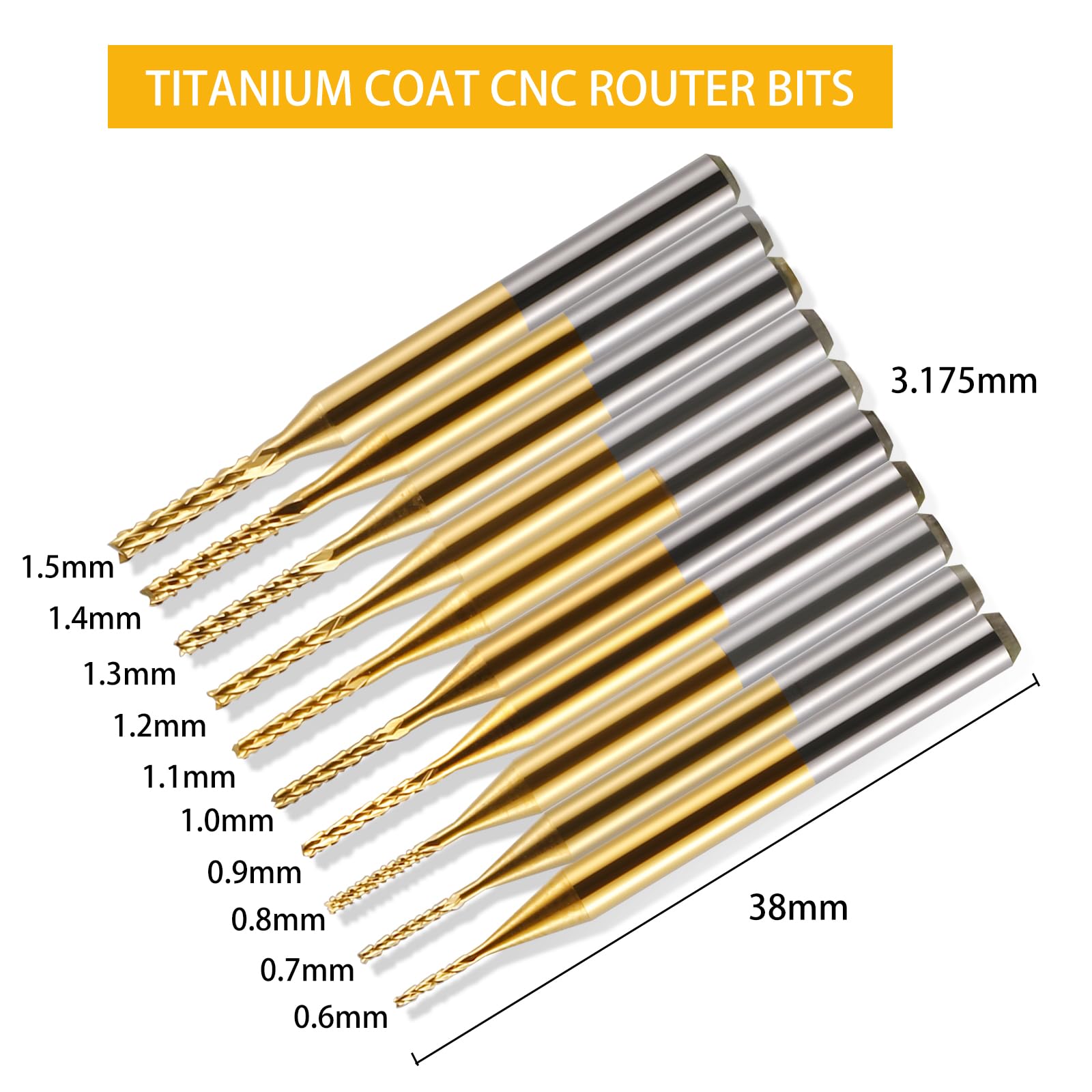 10 Stücke Hartmetall Schaftfräser, 1/8 Schaft Titan Coat CNC Fräser Stückchen Fräser Schnitzsatz, Stirnfräser Drehgrat Werkzeug Gravur Bits für PCB/SMT/Hartholz/Leiterplatte/Faser, 0,6-1,5mm