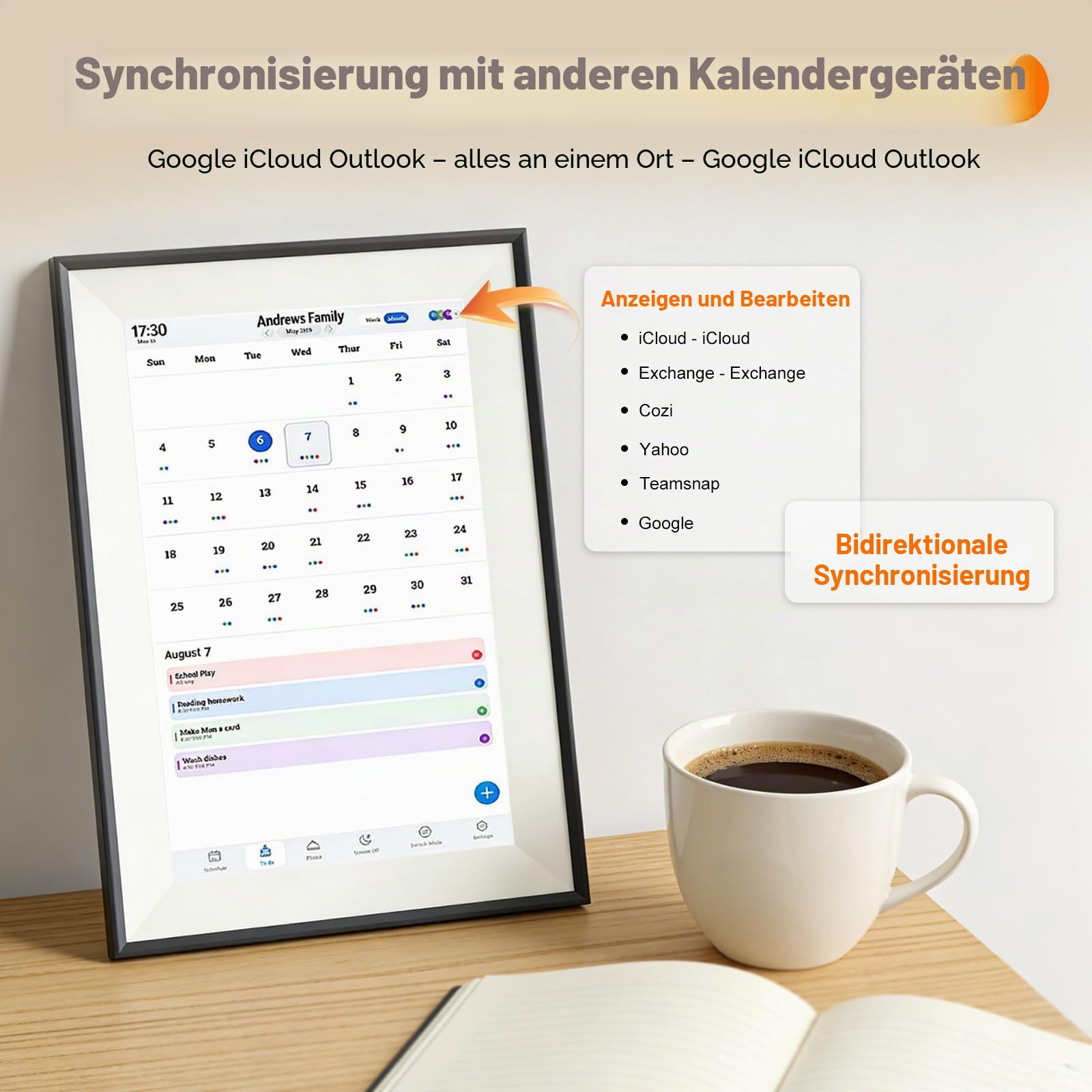 Digitaler Kalender Wand 10.1 Zoll, Digitaler Wandkalender Touchscreen 1280x800, Elektronischer Wandkalender für Familie, 32GB Familienplaner mit To-Do-Liste Kalender, Essensplaner, Wochenplaner