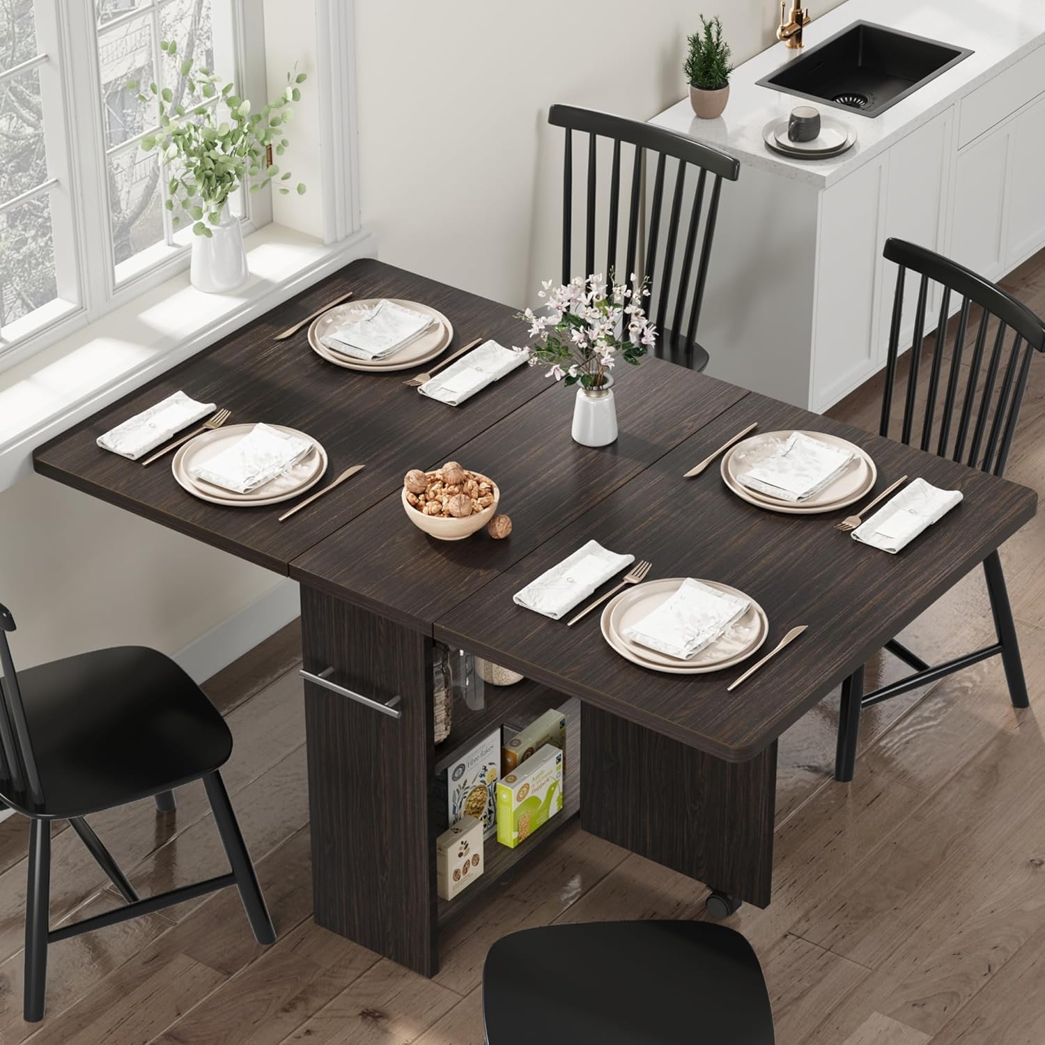 GarveeHome Folding Dining Table, Space Saving Farmhouse Dining Table for 4 Storage Shelf, 6 Wheels Multipose Expandable Kitchen Drop Leaf Table for Small Space (Dark Walnut, 47.2"D x 23.6"W x 29.5"H) Dark Walnut 47.2"D x 23.6"W x 29.5"H