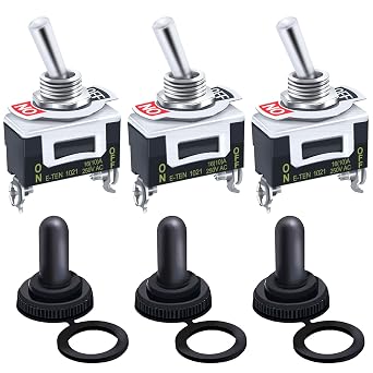 Twidec/3Pcs Heavy Duty Rocker Toggle Switch ON Off 2 Pin 16A 250V AC SPST 2 Position Switch with Metal Bat Waterproof Boot Cap Cover Ten-1021-B101