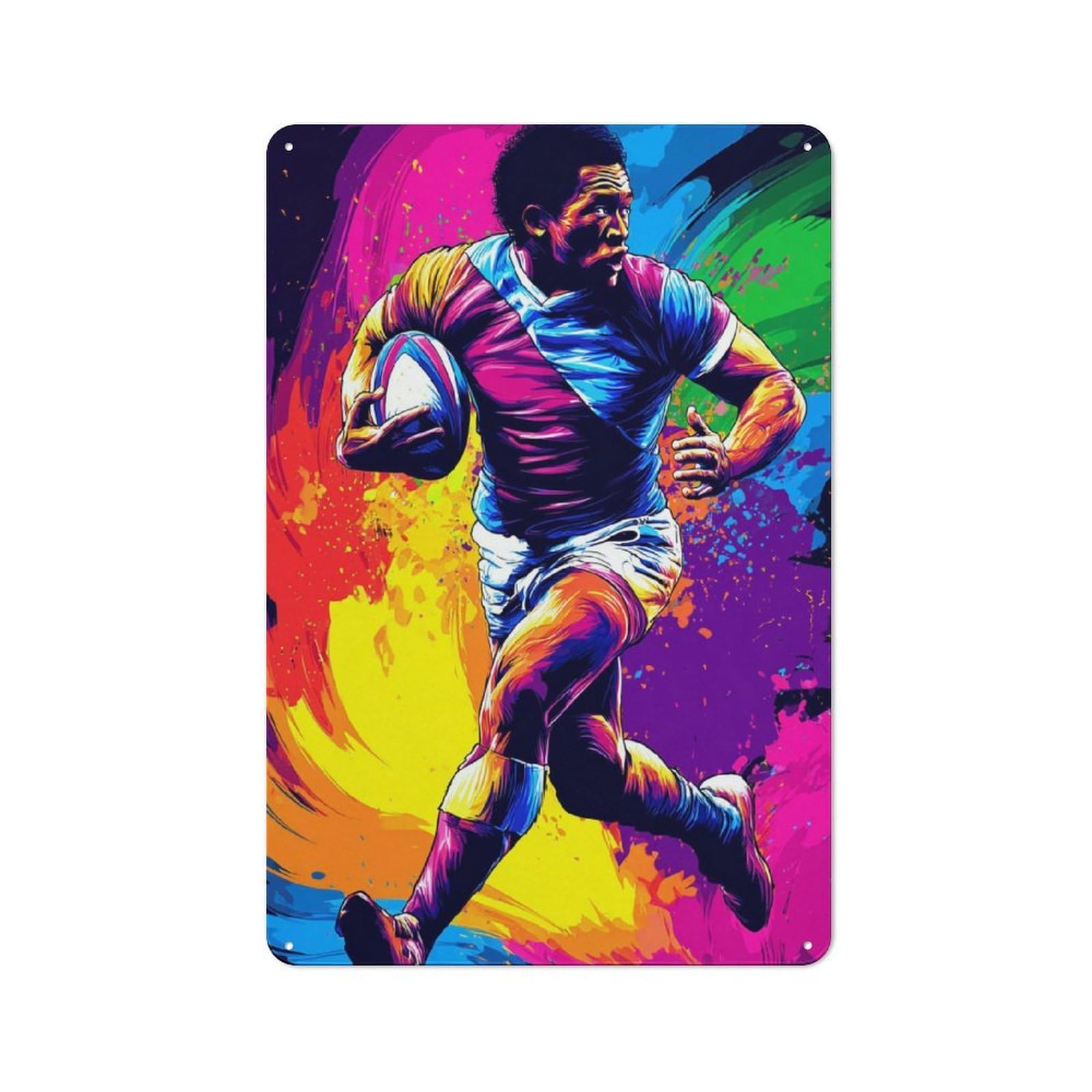 Junmoney Rugby Player In Action -3 Metal Wall Plaque With Design 30X20cm, Old Fashioned Vintage Wall Decor For Living Room, Hallway, Kitchen Or Cafe