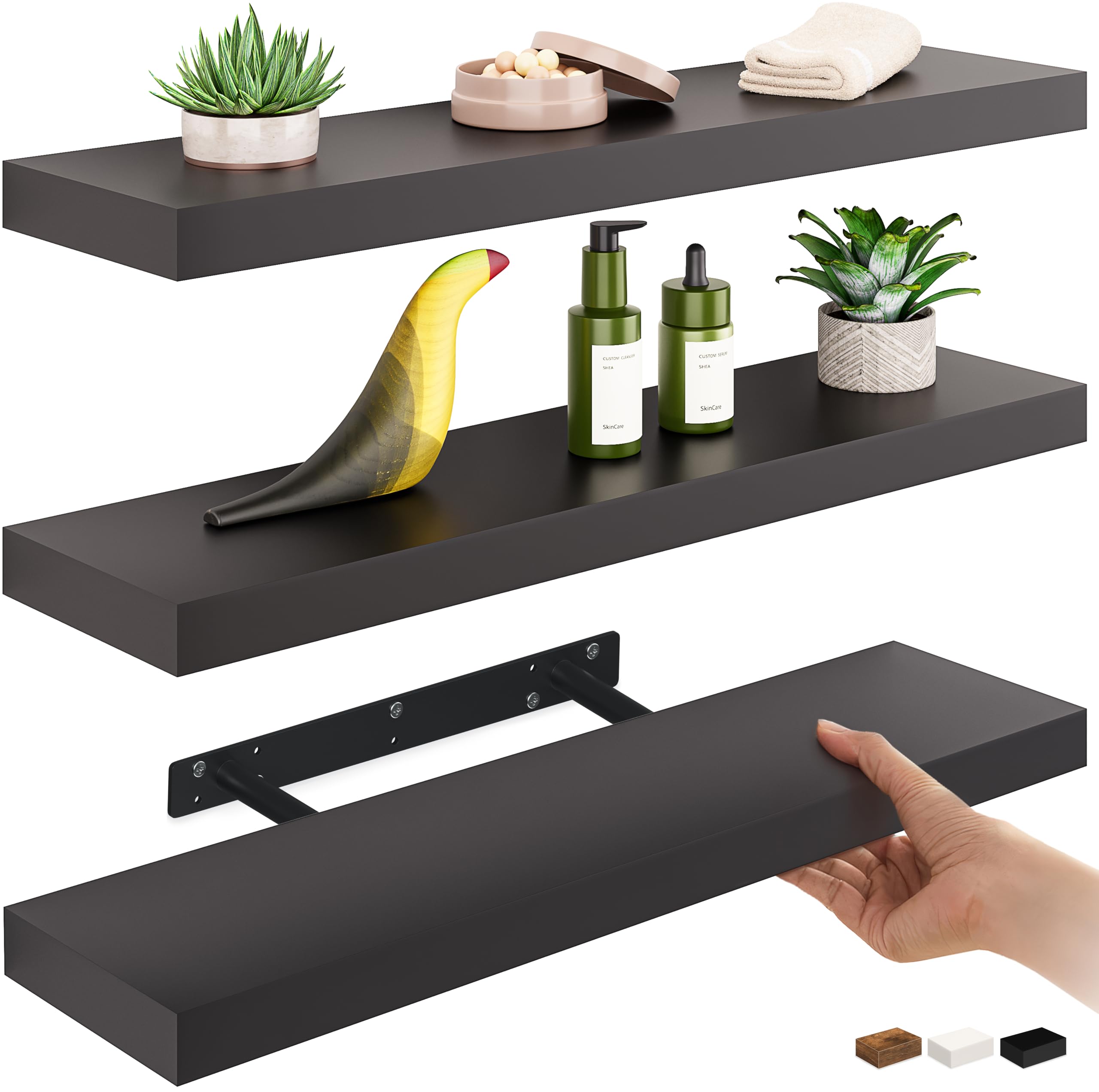 Ballucci Floating Shelves for Wall, 24" Wood Wall Shelf Set of 3, Invisible Brackets Floating Shelf for Wall Decor Living Room, Bathroom, Bedroom, Kitchen, 6" Depth, Black