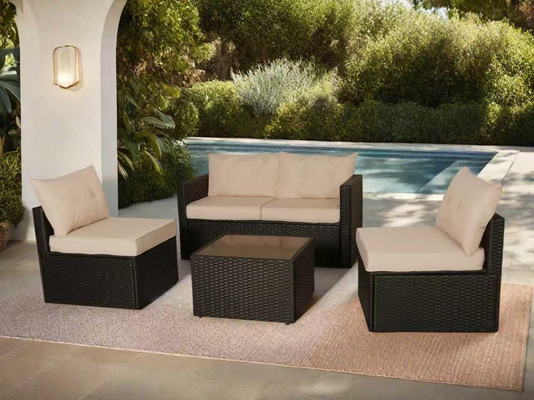 Générique Salon de Jardin Exterieur en Résine Tressée Poly Rotin Salon de Jardin 4 Personnes Fauteuil en rotin modulable, Entretien Facile