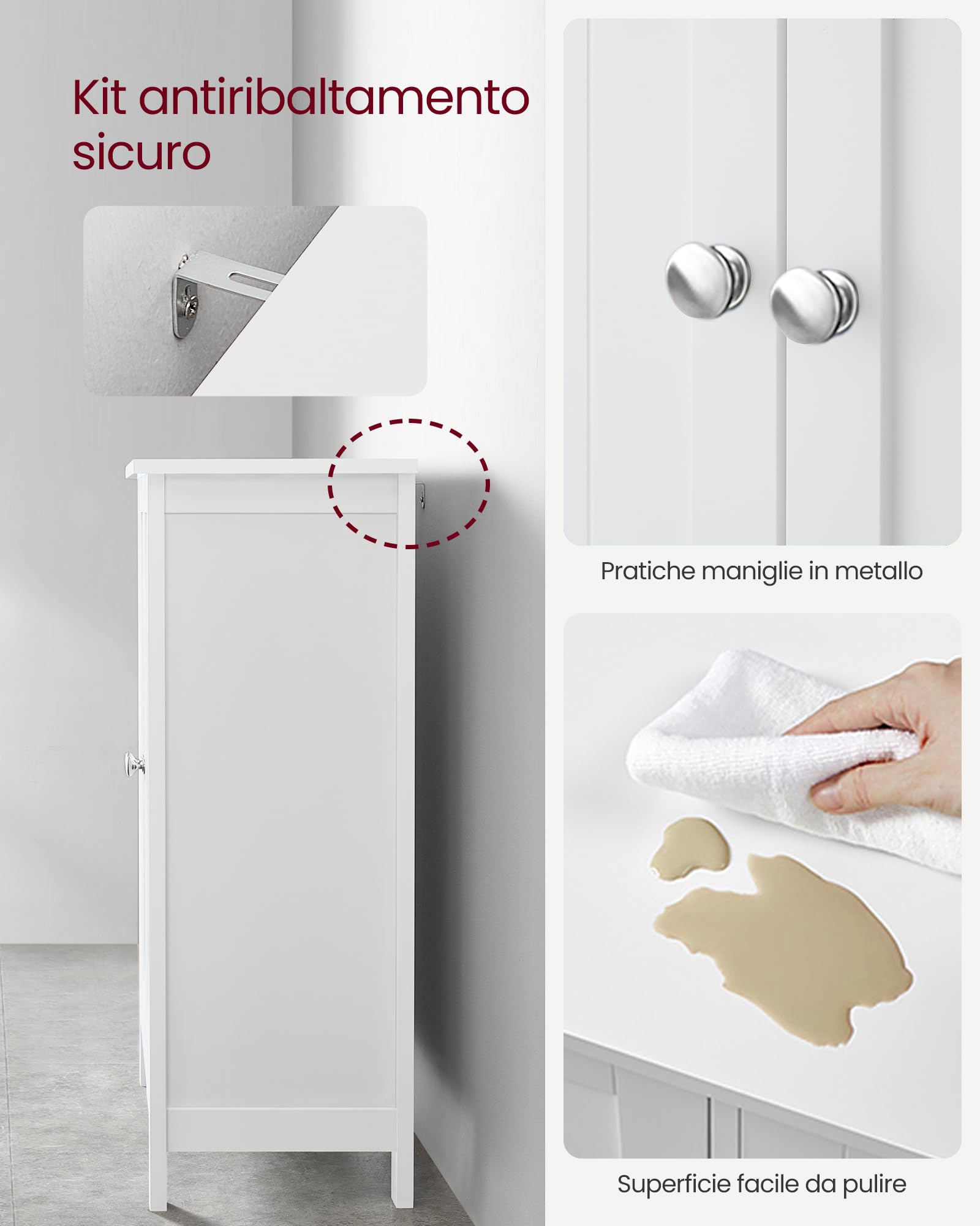 VASAGLE Armadio da Bagno Autoportante, Mobile da Bagno, Organizzatore Portaoggetti, con 2 Ripiani Regolabili, 30 x 60 x 80 cm, Bianco BCB60W