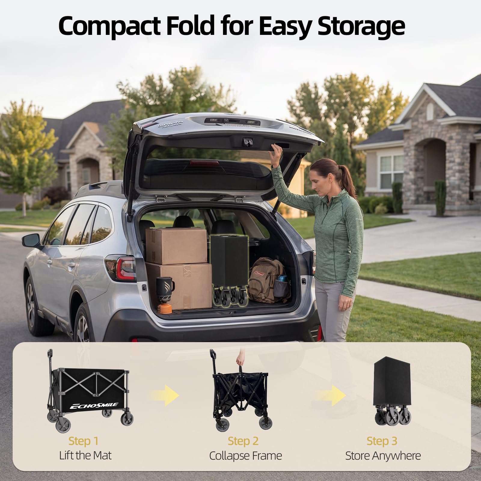 EchoSmile Carro plegable ligero, carro plegable compacto para comestibles, camping y deportes, carro utilitario fácil de plegar, color negro
