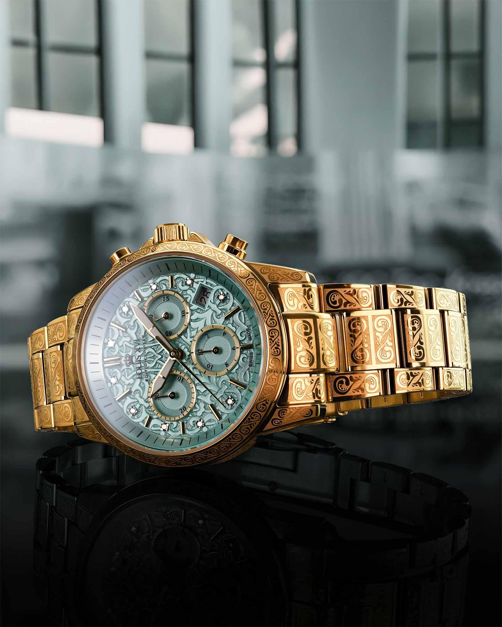 LOUIS XVI Palais Royale Femme 6005 - Ø 38 mm - Damen Uhr - Wasserdicht - Armband Gold - Zifferblatt Minty Green mit Diamanten - Schweizer Quarzwerk