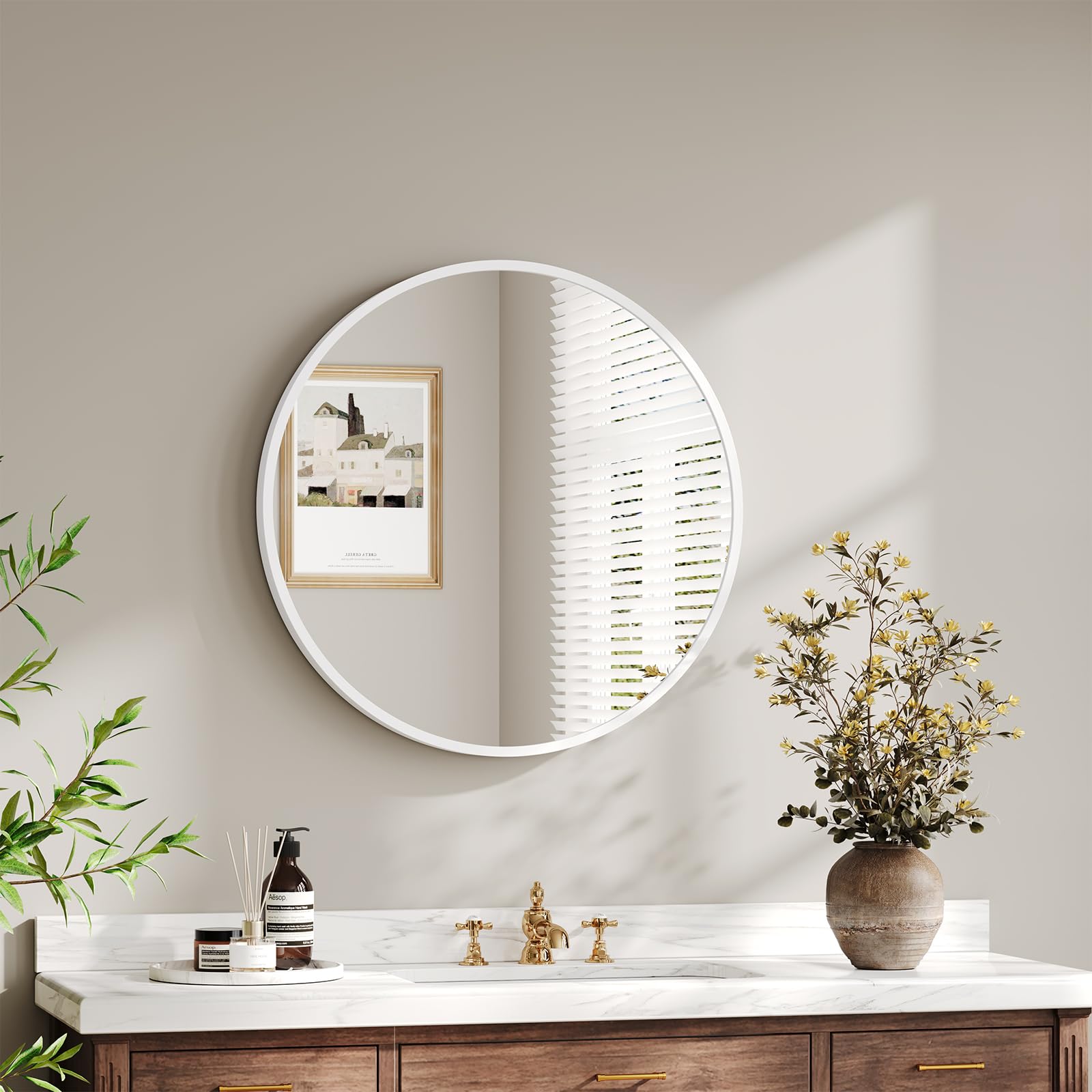 Dripex 40cm Round Mirror, Circle Hanging Wall Mirror - Home Decorative Wall Mounted Vanity Mirror for Bathroom, Dressing Room & Living Room, White — image 1
