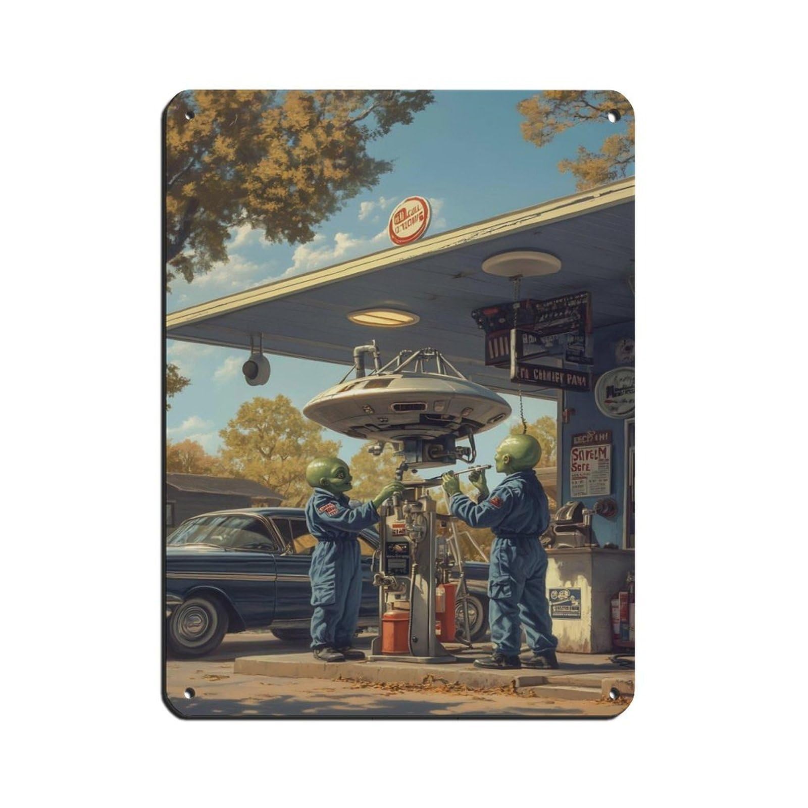 Vintage Car Alien Gas Station Tin Sign Vintage Metal Pub Club Cafe Bar Home Wall Art Decoration Poster Retro 12x16inch(30x40cm)
