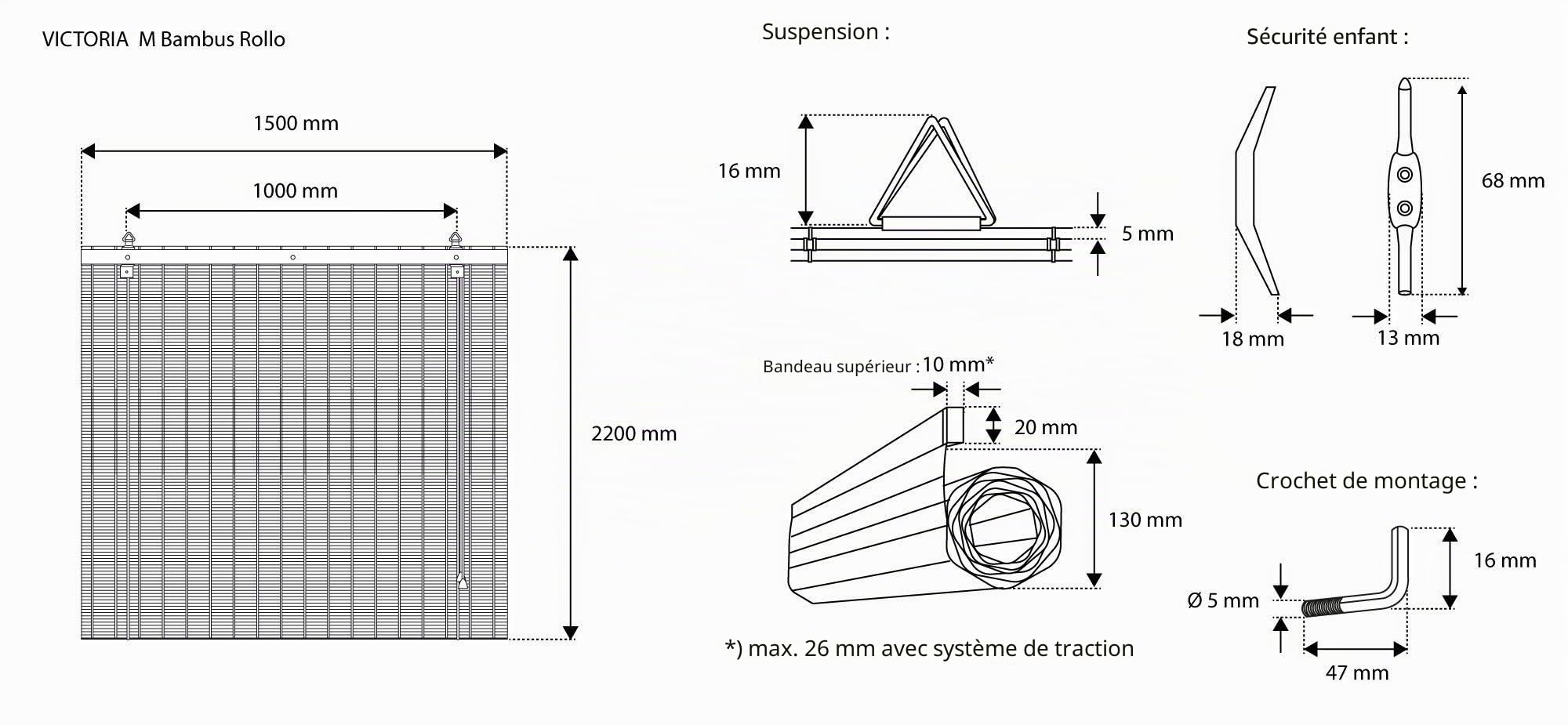 Store en Bambou Opaque à tirage latéral 150 x 220 cm Marron Protection Solaire