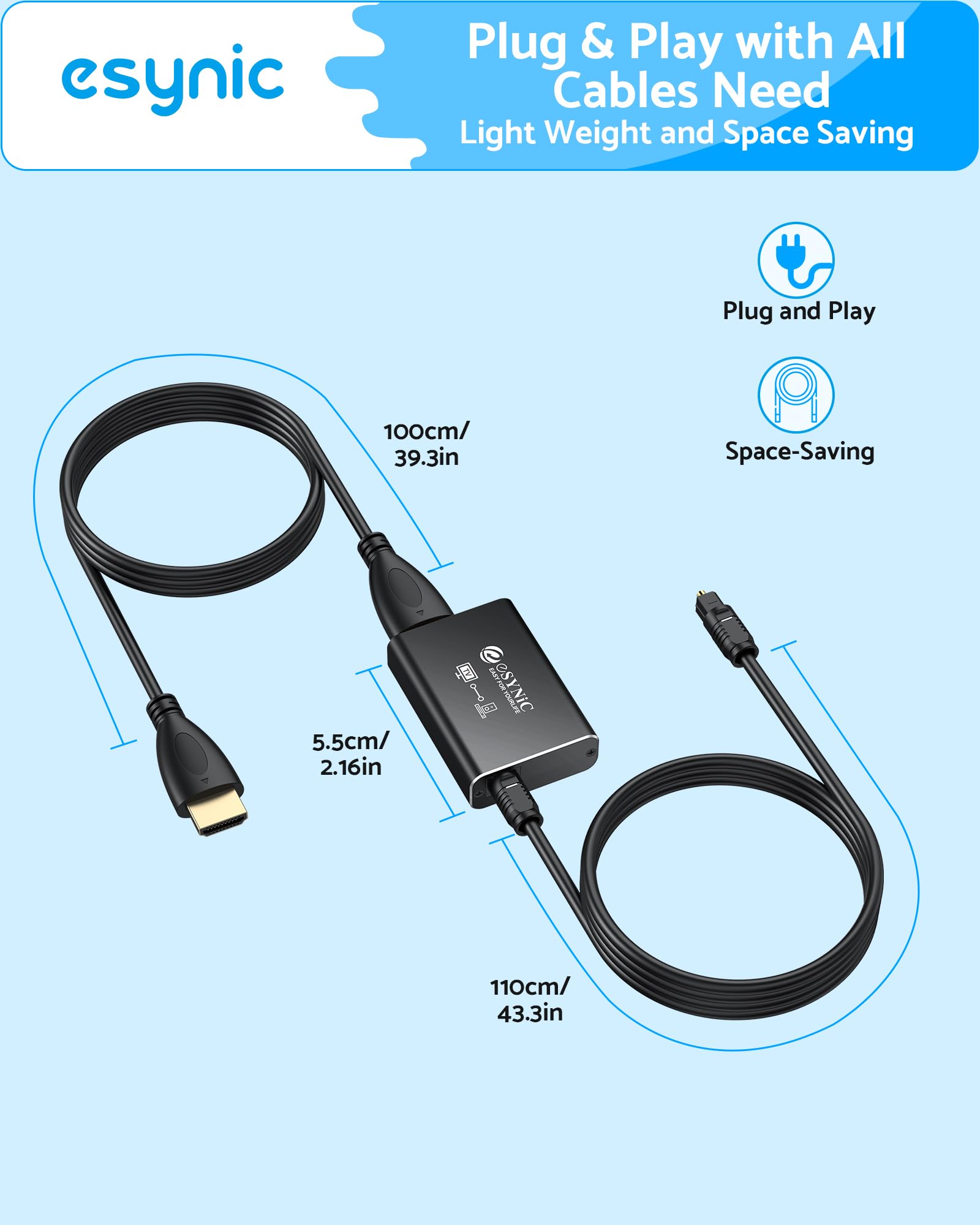 eSynic Konwerter eARC/ARC HDMI na optyczny 192 kHz, profesjonalny ekstraktor audio do telewizora na soundbar, bezprzewodowy zestaw słuchawkowy, kina domowego, kabel HDMI i optyczny w zestawie Obsługa
