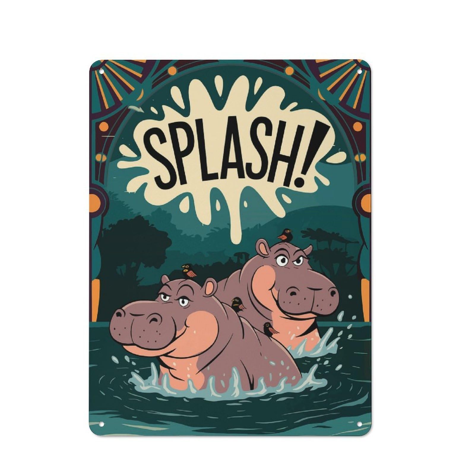 Playful Hippo Splash Retro Metal Wall Decor 40x30cm, Tin Wall Sign for Bakery, Diner, Cafe Or Family Room