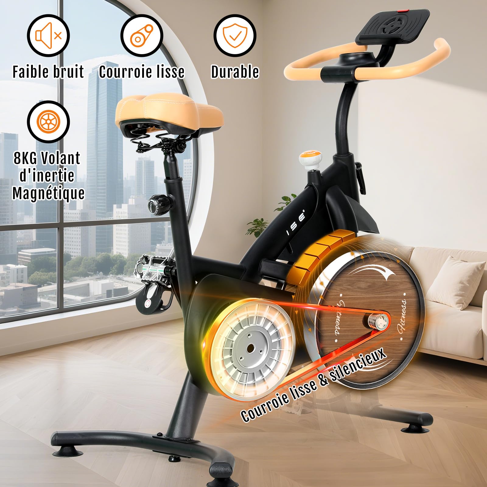 ISE Velo d Appartement Silencieux avec Résistance Magnétique Réglable, Vélo d'appartement avec Écran LCD, Réglable en Guidon et Siège Confortable, Pour Entraînement Cardio à la Maison, Capacité 130KG